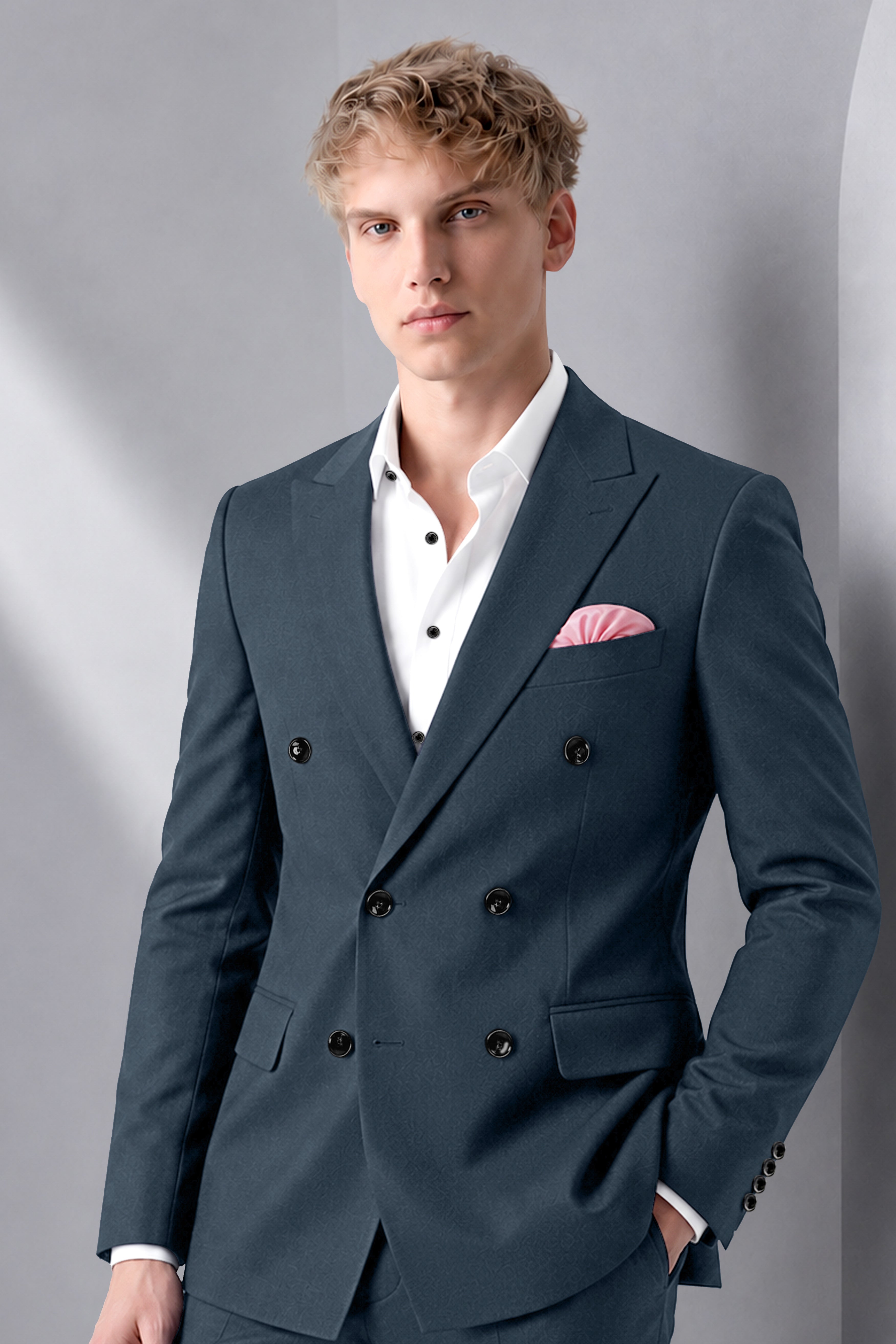 Titan-Shark Gray Wool Rich Slight Stretch Double Breasted Blazer