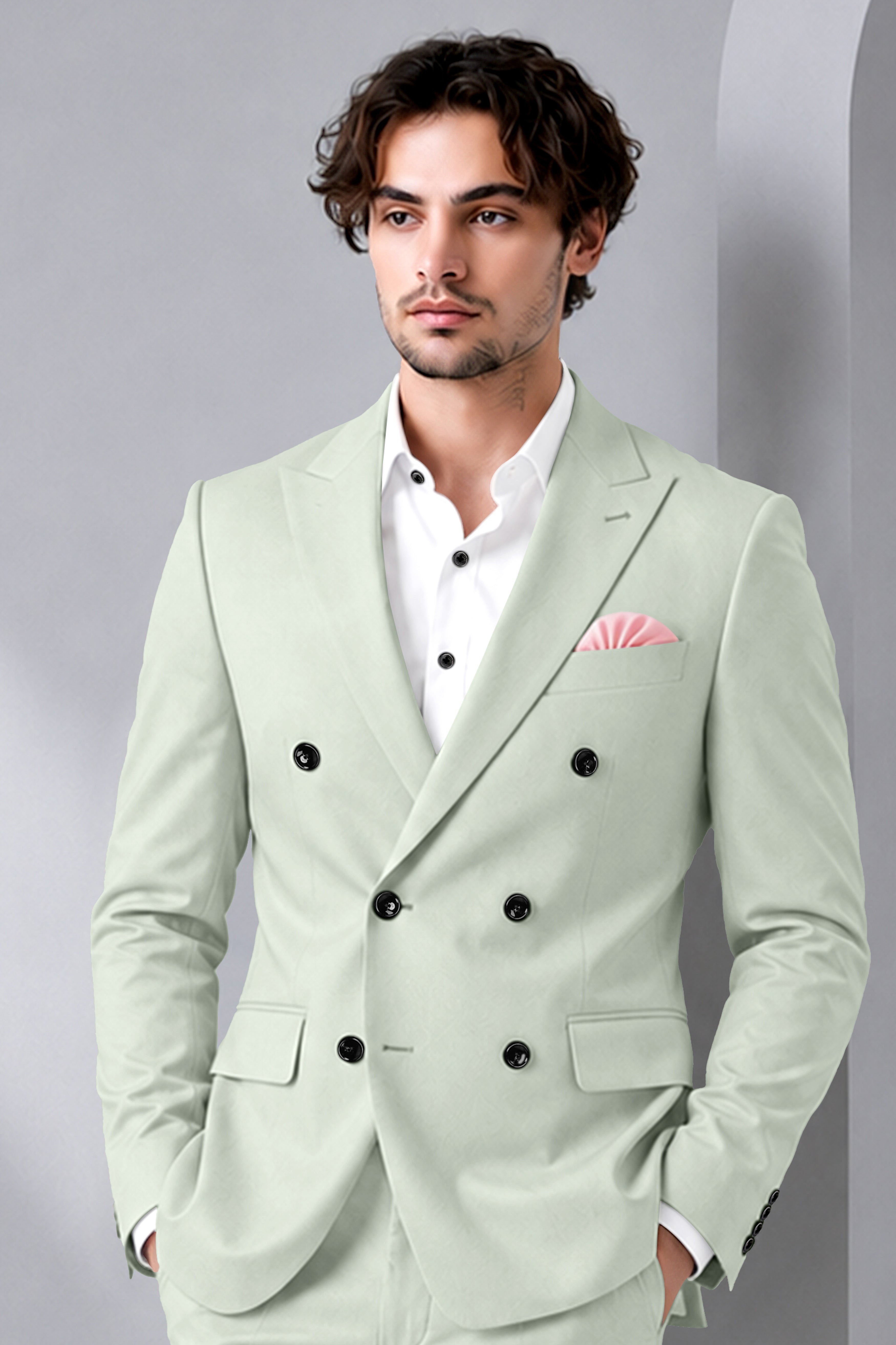 Ascend-Tasman Green Wool Rich Slight Stretch Double Breasted Blazer