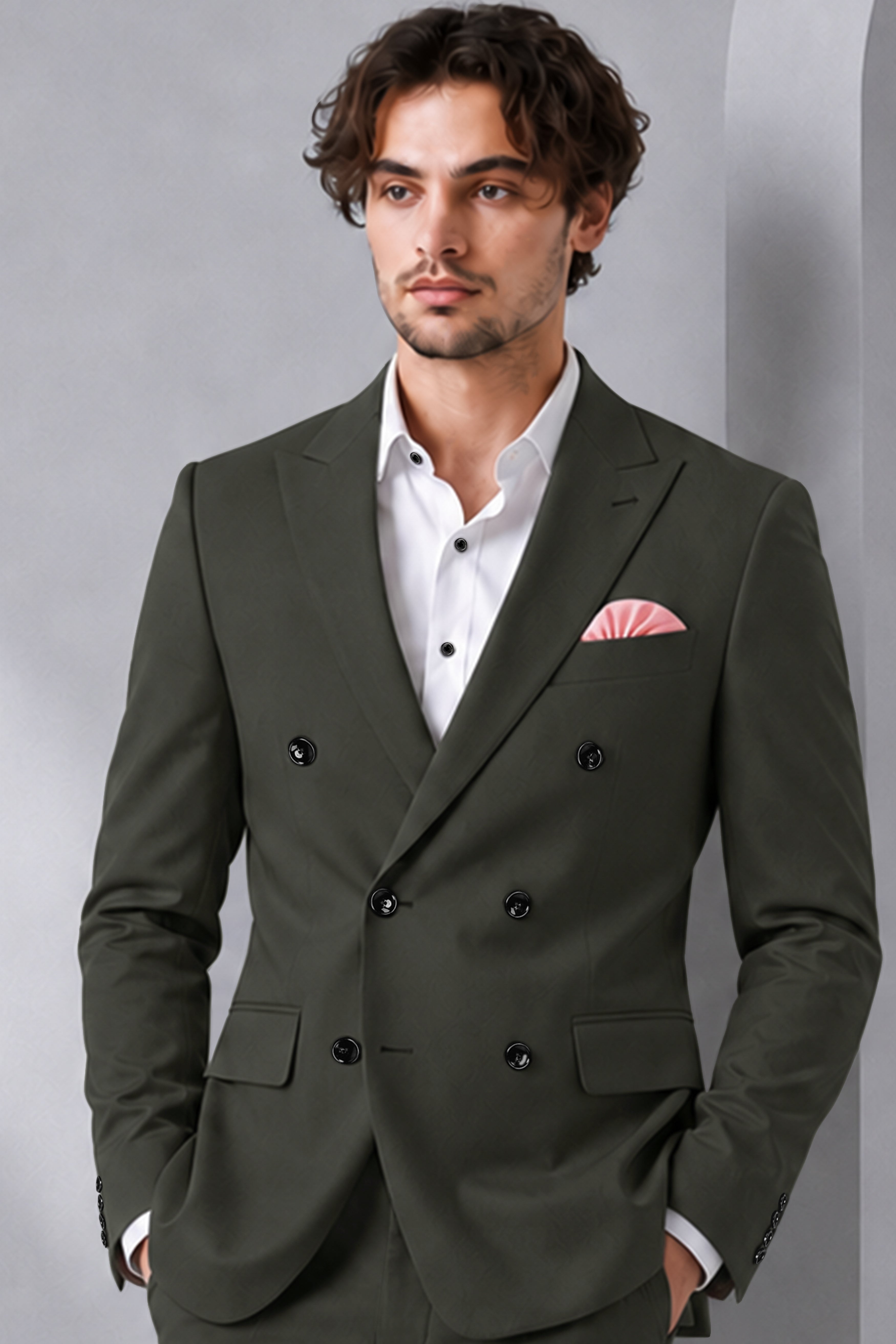 Apex-Piano Green Wool Rich Slight Stretch Double Breasted Blazer