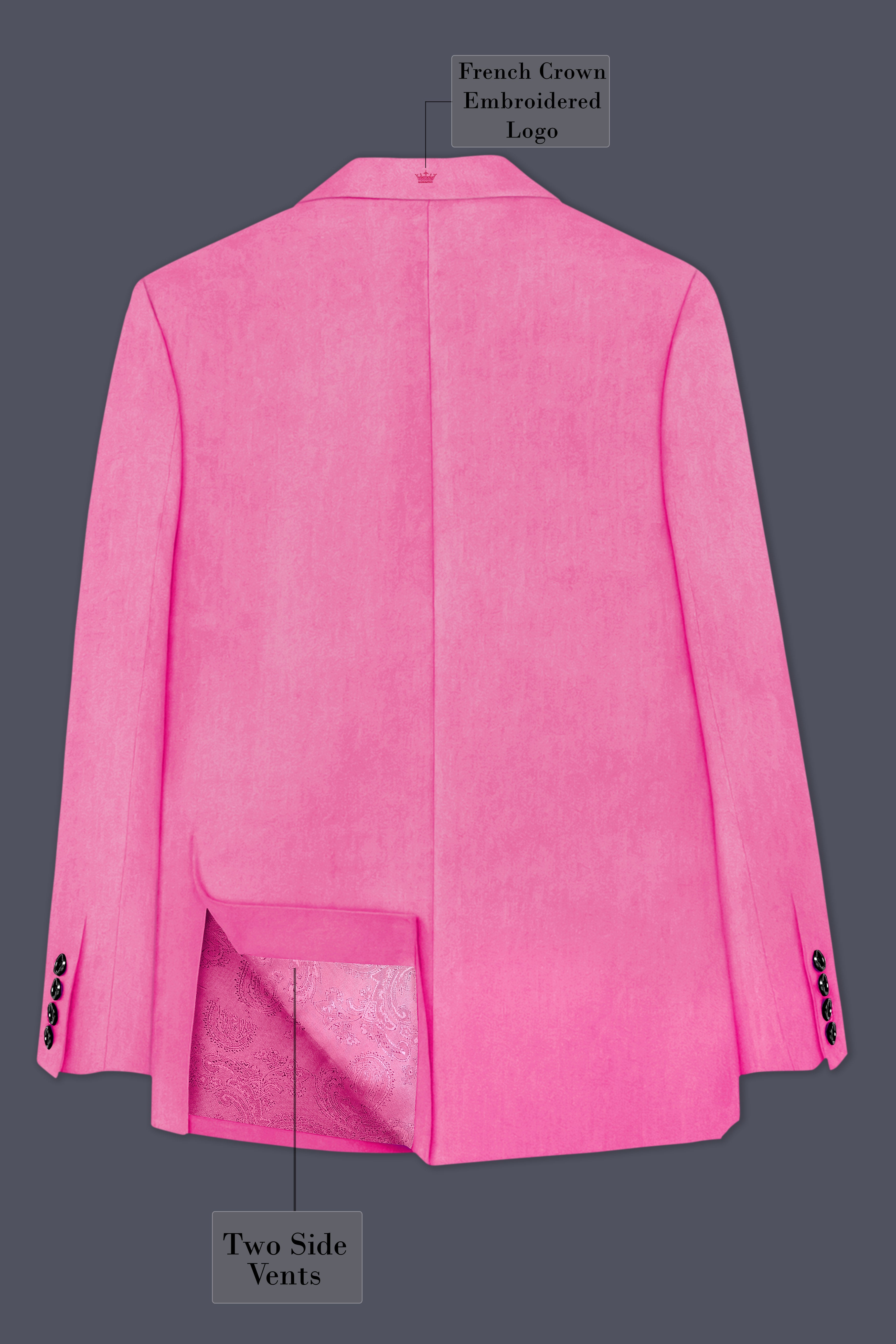 Veloura-Carissma Pink Velvet Peak Lapel Tuxedo Blazer