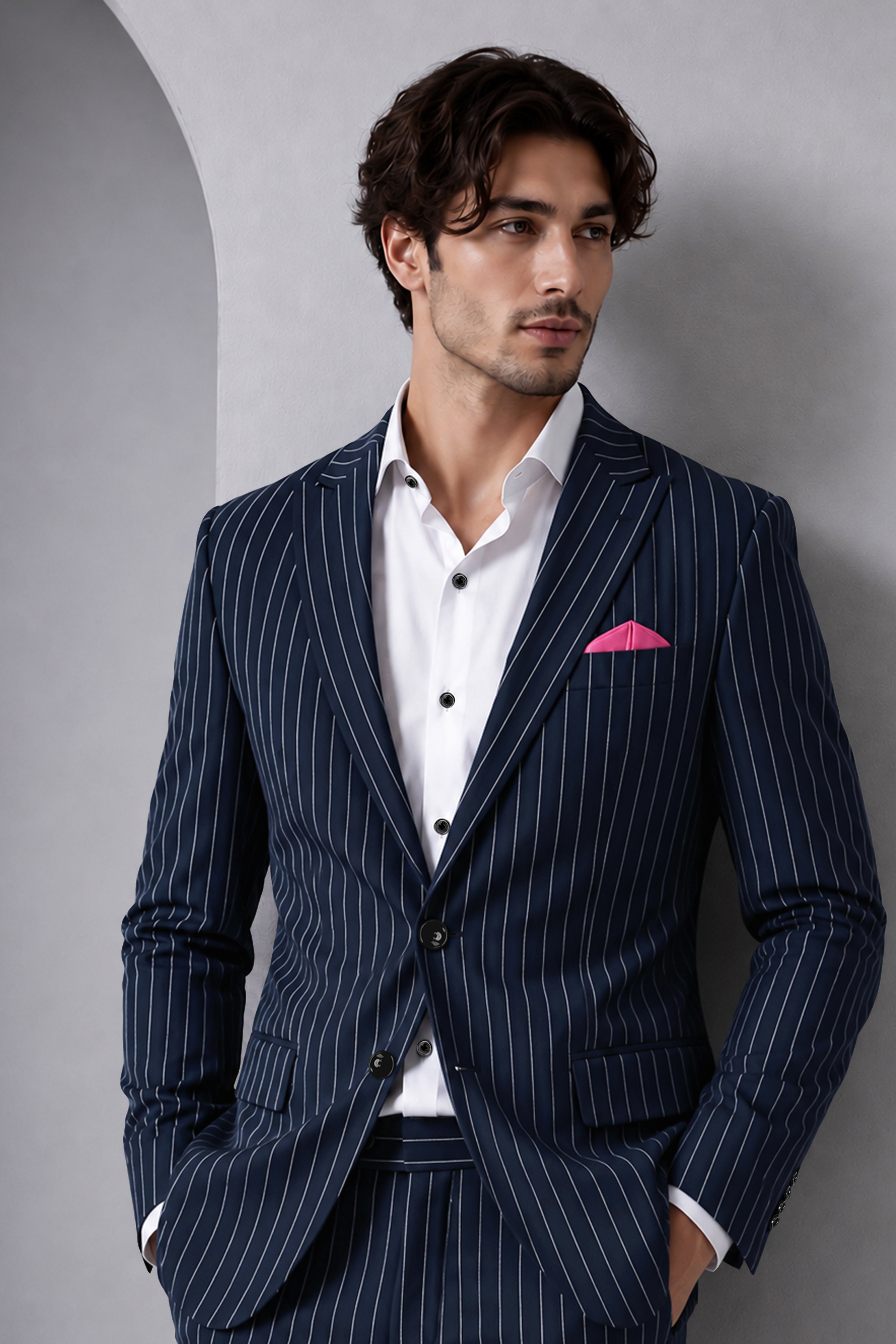 Azureon-Firefly Blue And Bright White Chalk Striped Wool Rich Slight Stretch Single Breasted Blazer