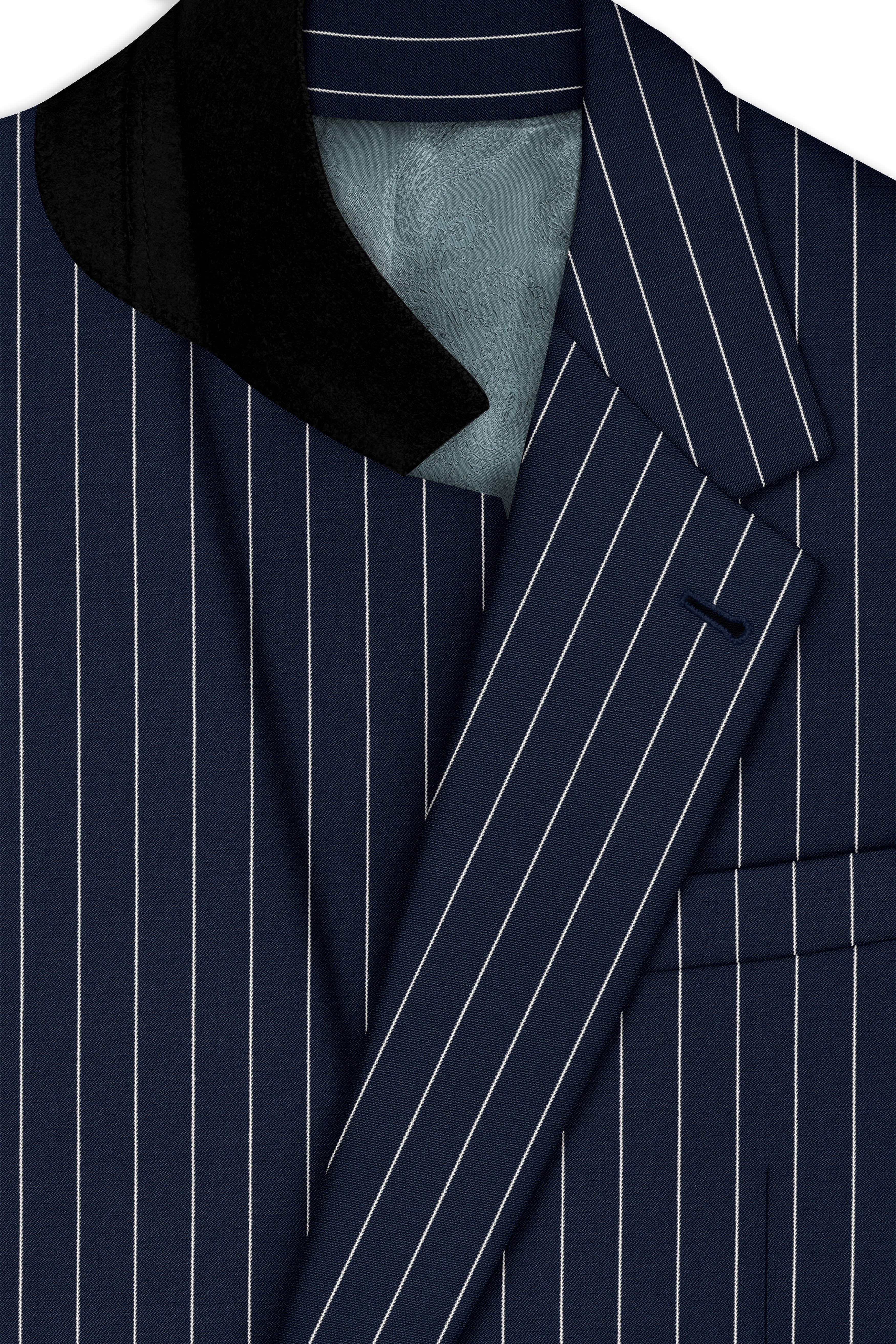 Azureon-Firefly Blue And Bright White Chalk Striped Wool Rich Slight Stretch Single Breasted Blazer