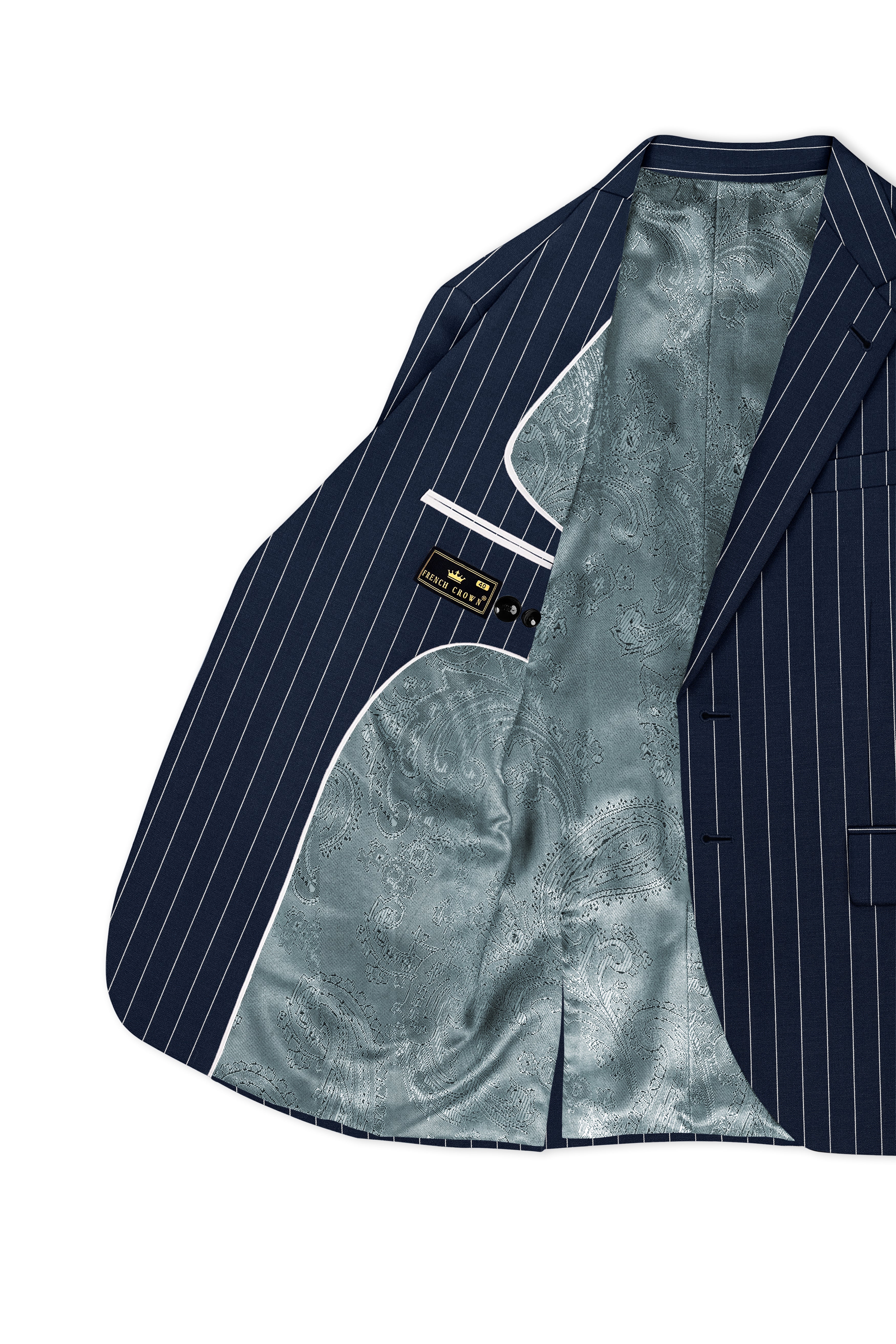 Azureon-Firefly Blue And Bright White Chalk Striped Wool Rich Slight Stretch Single Breasted Blazer