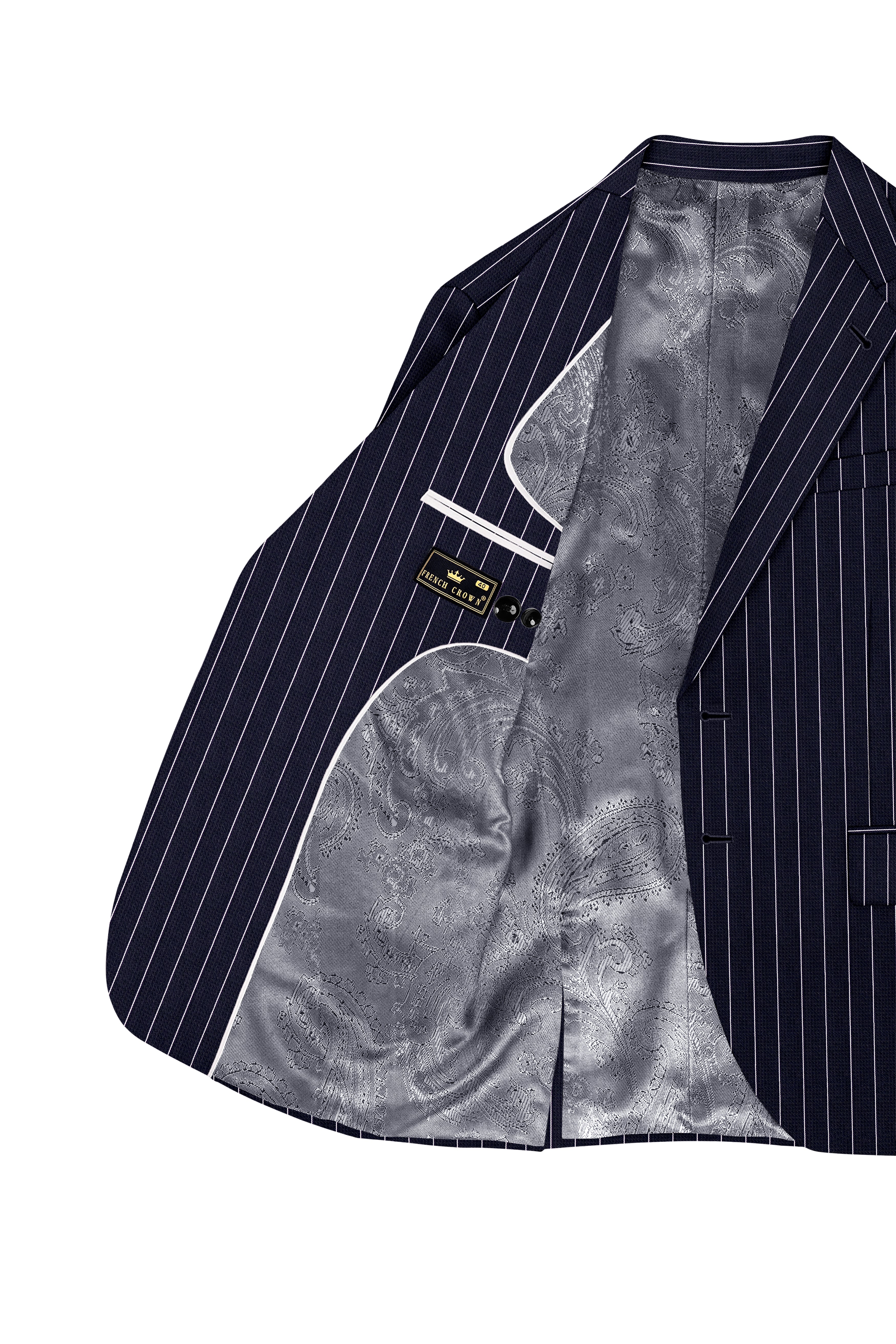 Regent-Ebony Blue And Bright White Chalk Striped Wool Rich Slight Stretch Single Breasted Blazer