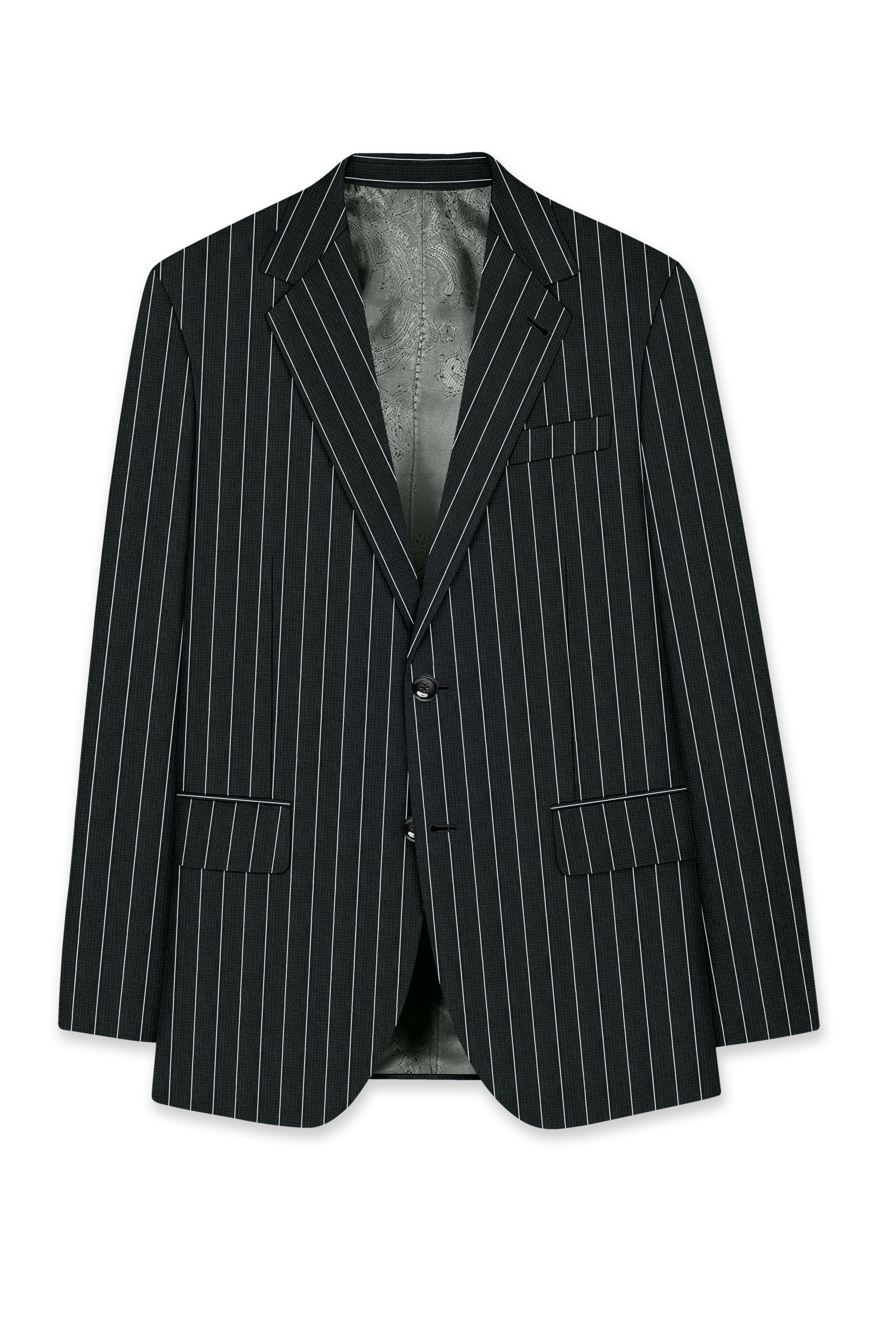 Viceroy-Hunter Green And Bright White Chalk Striped Wool Rich Slight Stretch Single Breasted Blazer