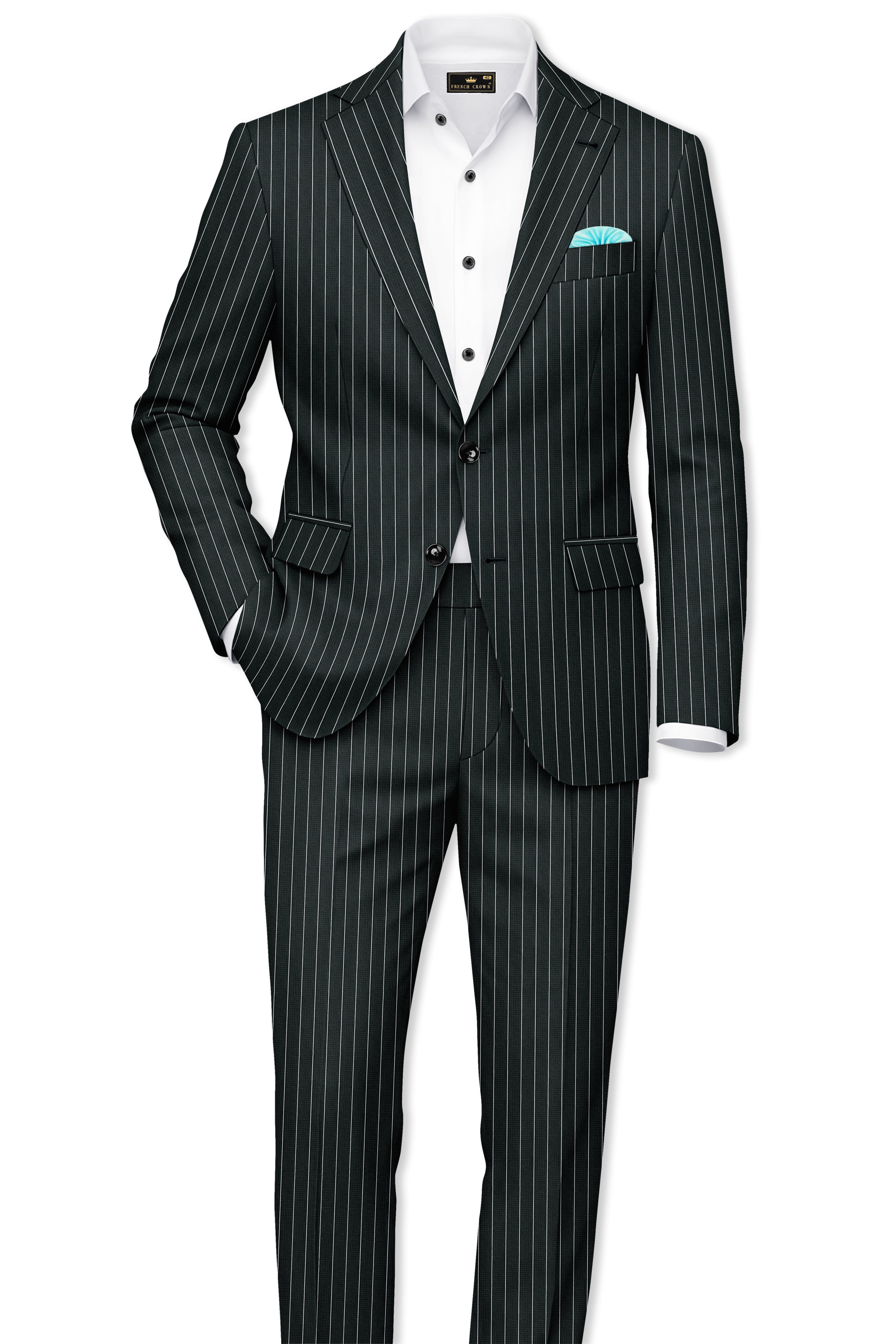 Viceroy-Hunter Green And Bright White Chalk Striped Wool Rich Slight Stretch Single Breasted Blazer