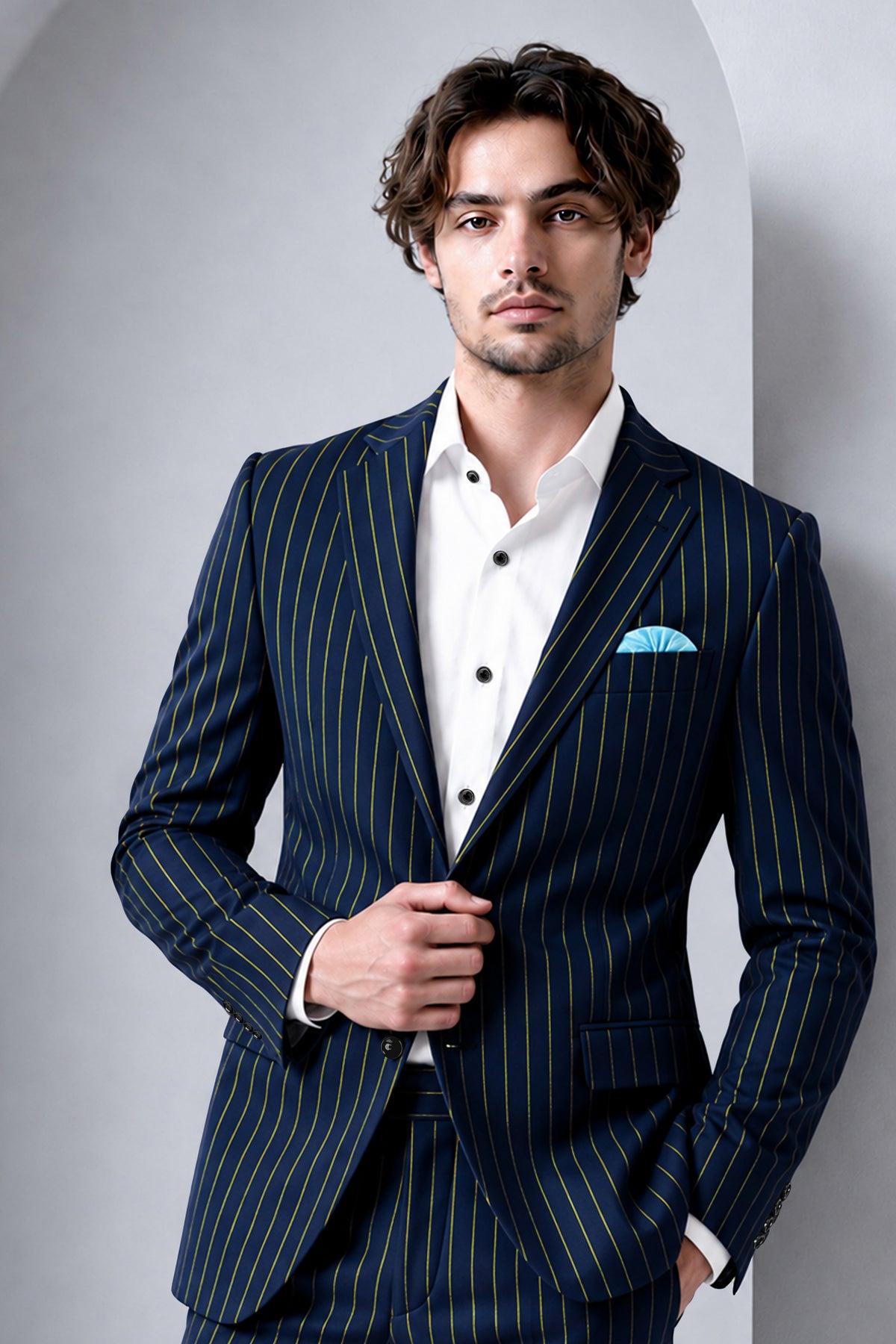 Aurum-Midnight Blue And Harvest Yellow Chalk Striped Wool Rich Slight Stretch Single Breasted Blazer