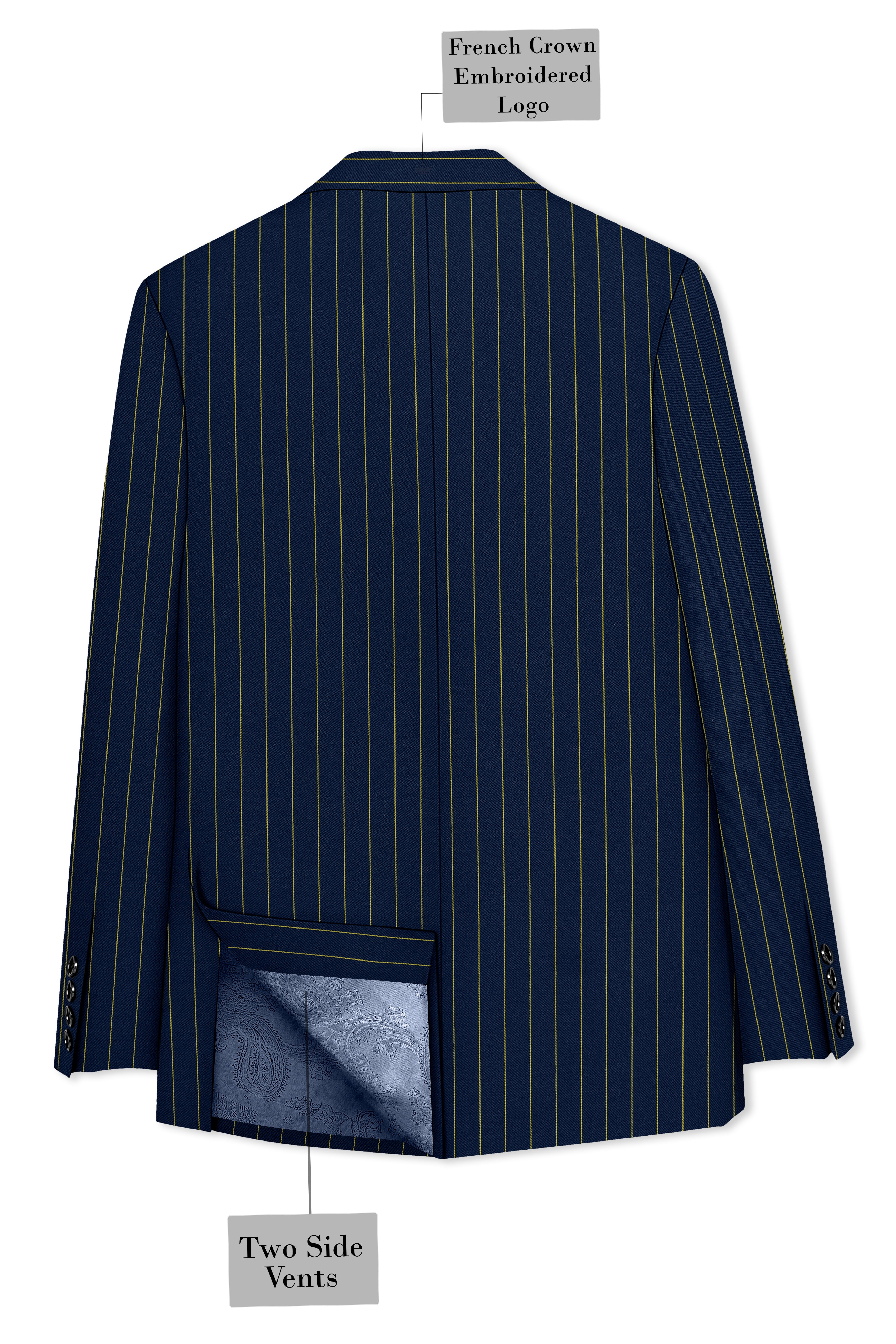 Aurum-Midnight Blue And Harvest Yellow Chalk Striped Wool Rich Slight Stretch Single Breasted Blazer