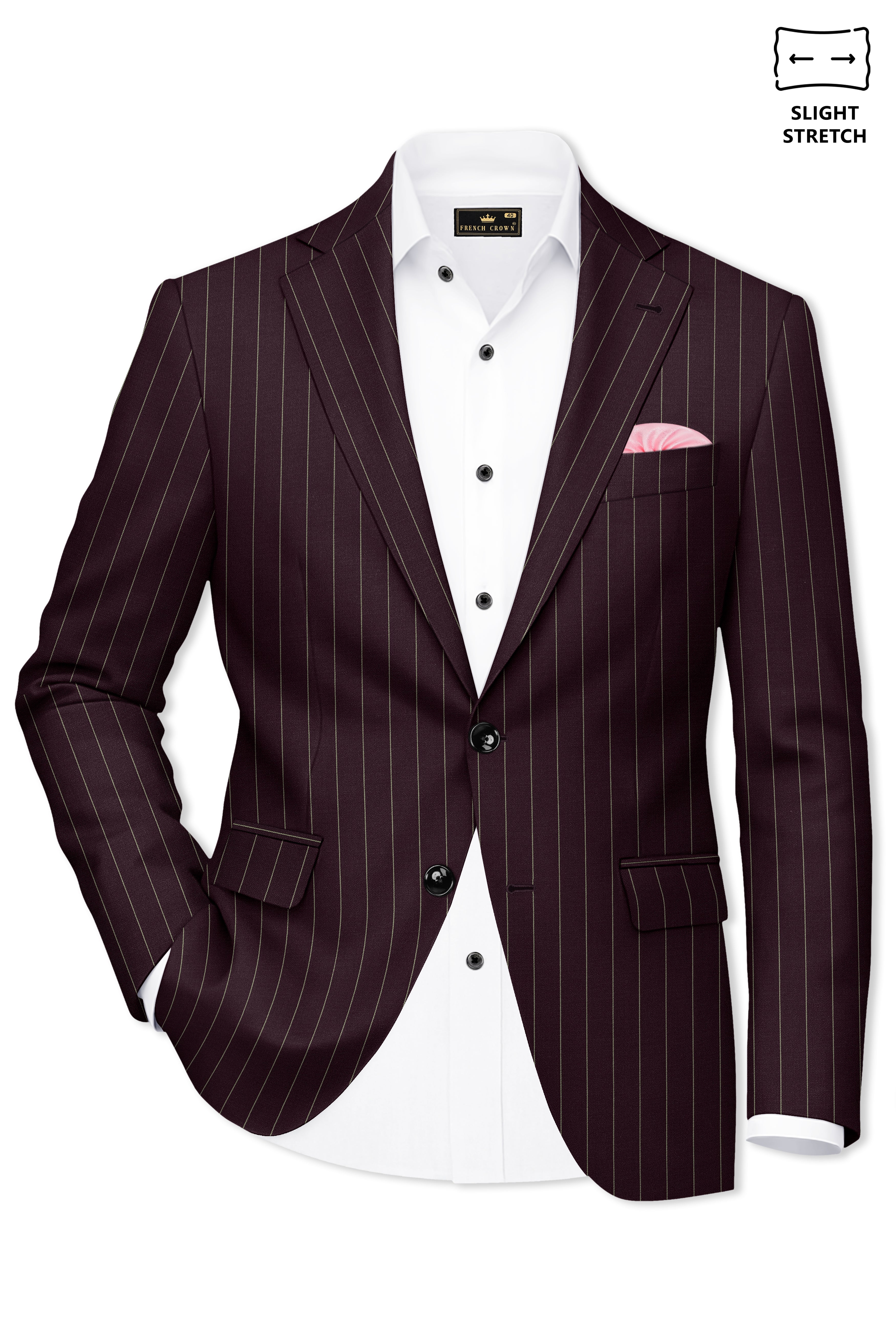 Valiant-Seal Maroon And Bright White Chalk Striped Wool Rich Slight Stretch Single Breasted Blazer