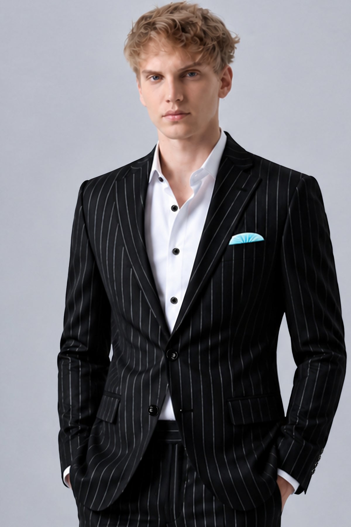 Veritas-Jade Black And Bright White Pin Striped Wool Rich Slight Stretch Single Breasted Blazer