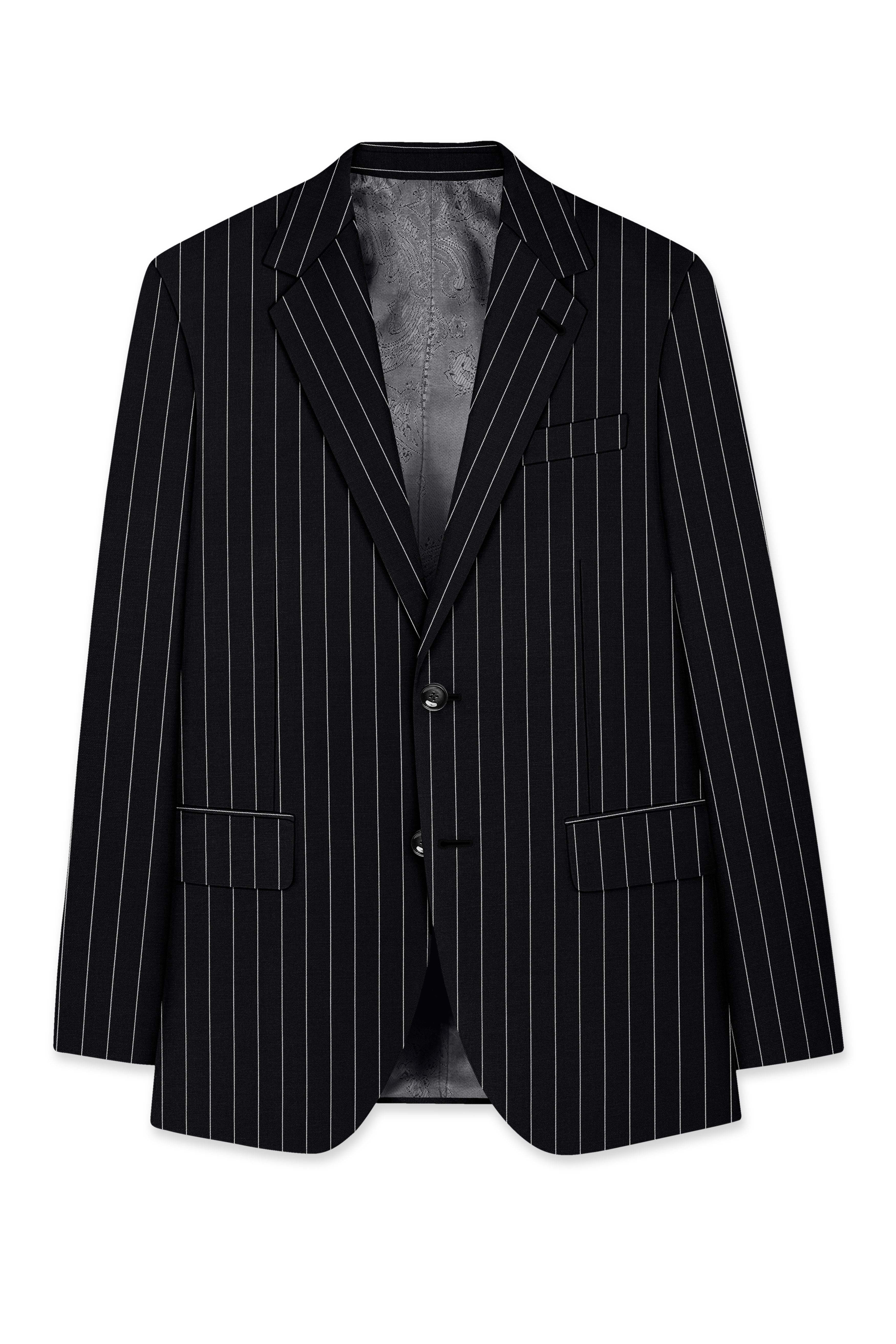 Veritas-Jade Black And Bright White Pin Striped Wool Rich Slight Stretch Single Breasted Blazer