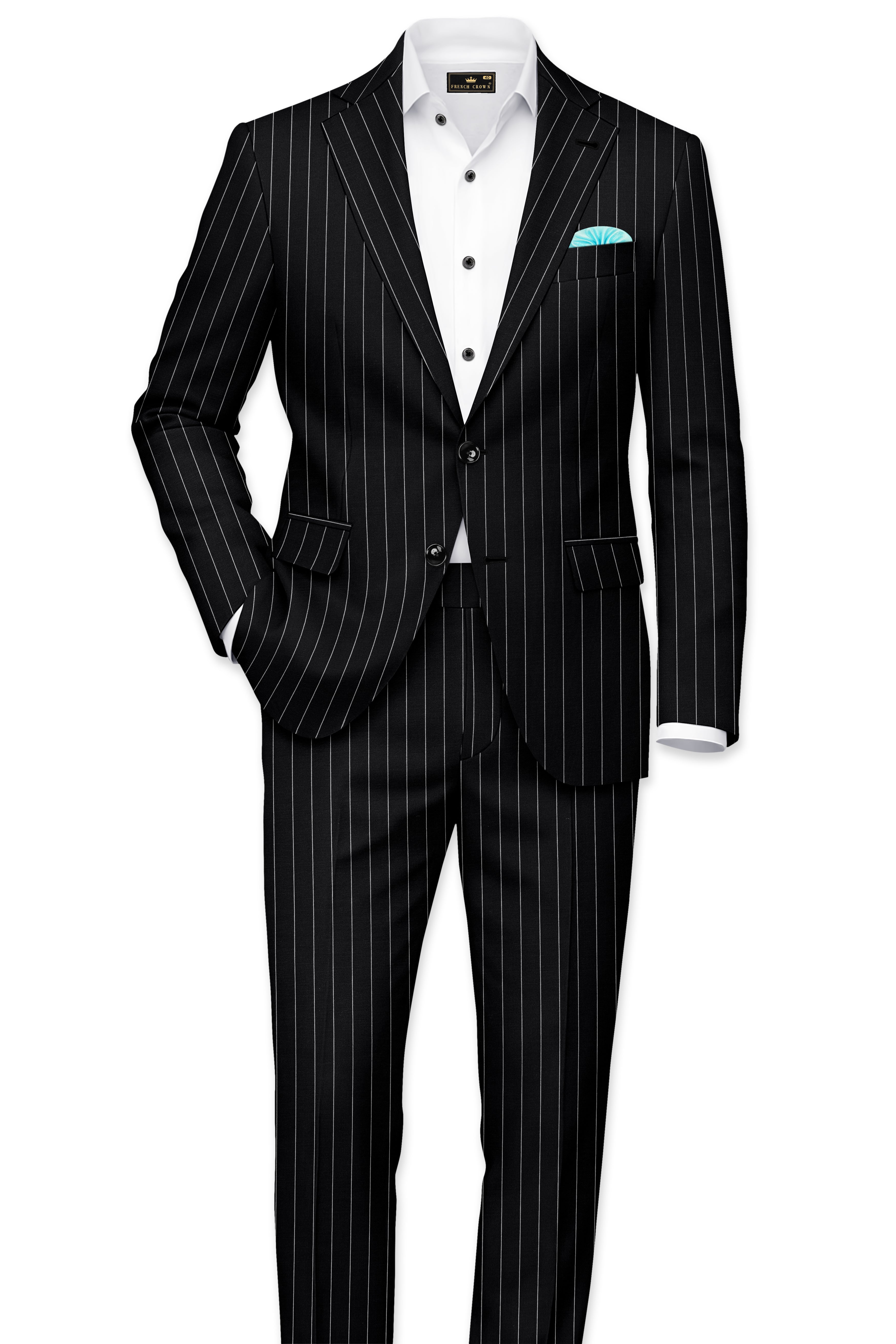 Veritas-Jade Black And Bright White Pin Striped Wool Rich Slight Stretch Single Breasted Blazer