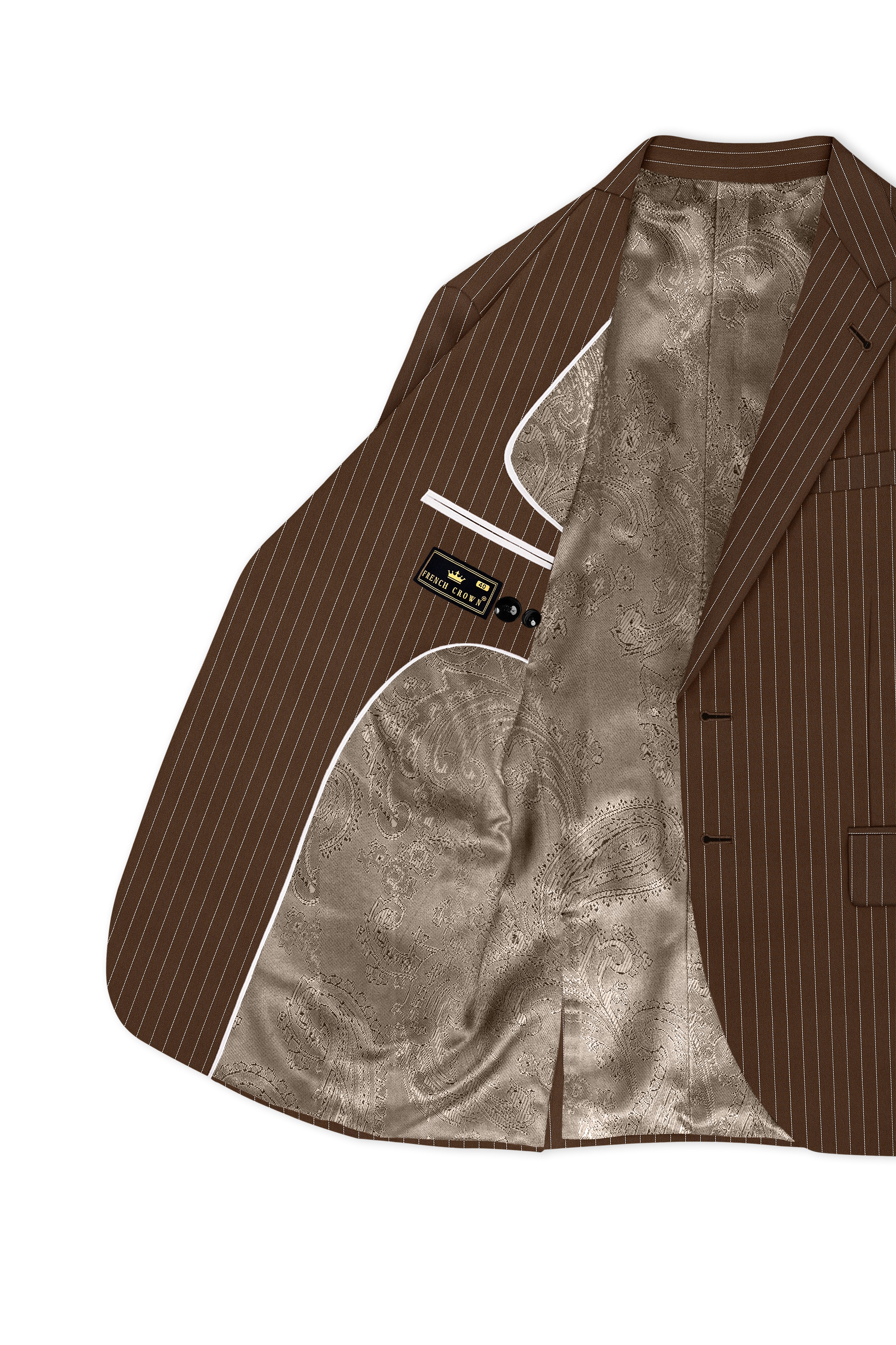 Bristol-Iroko Brown And Bright White Chalk Striped Wool Rich Slight Stretch Single Breasted Blazer