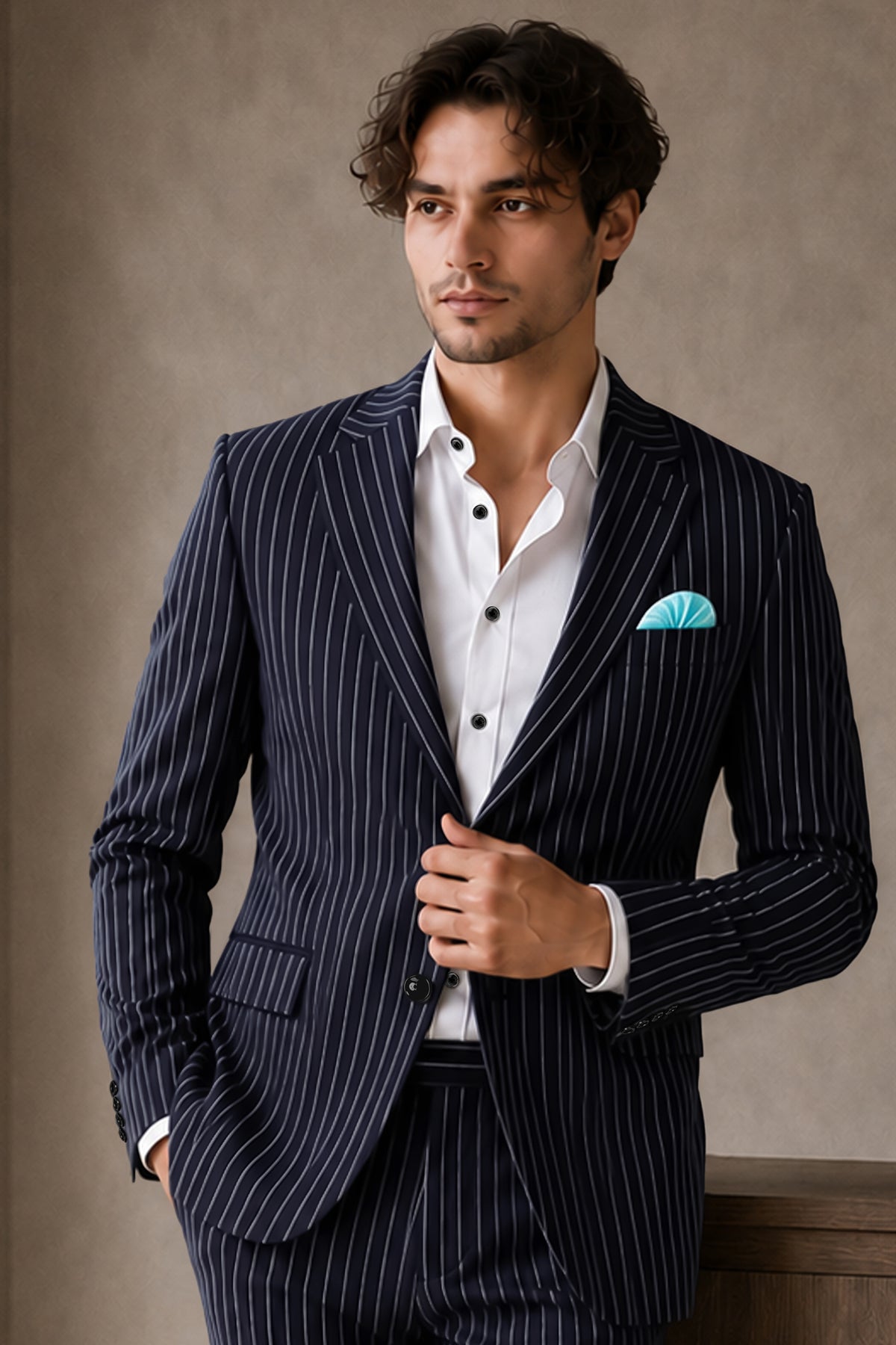Aurelius-Cinder Blue Bright White Chalk Striped Wool Rich Slight Stretch Single Breasted Blazer