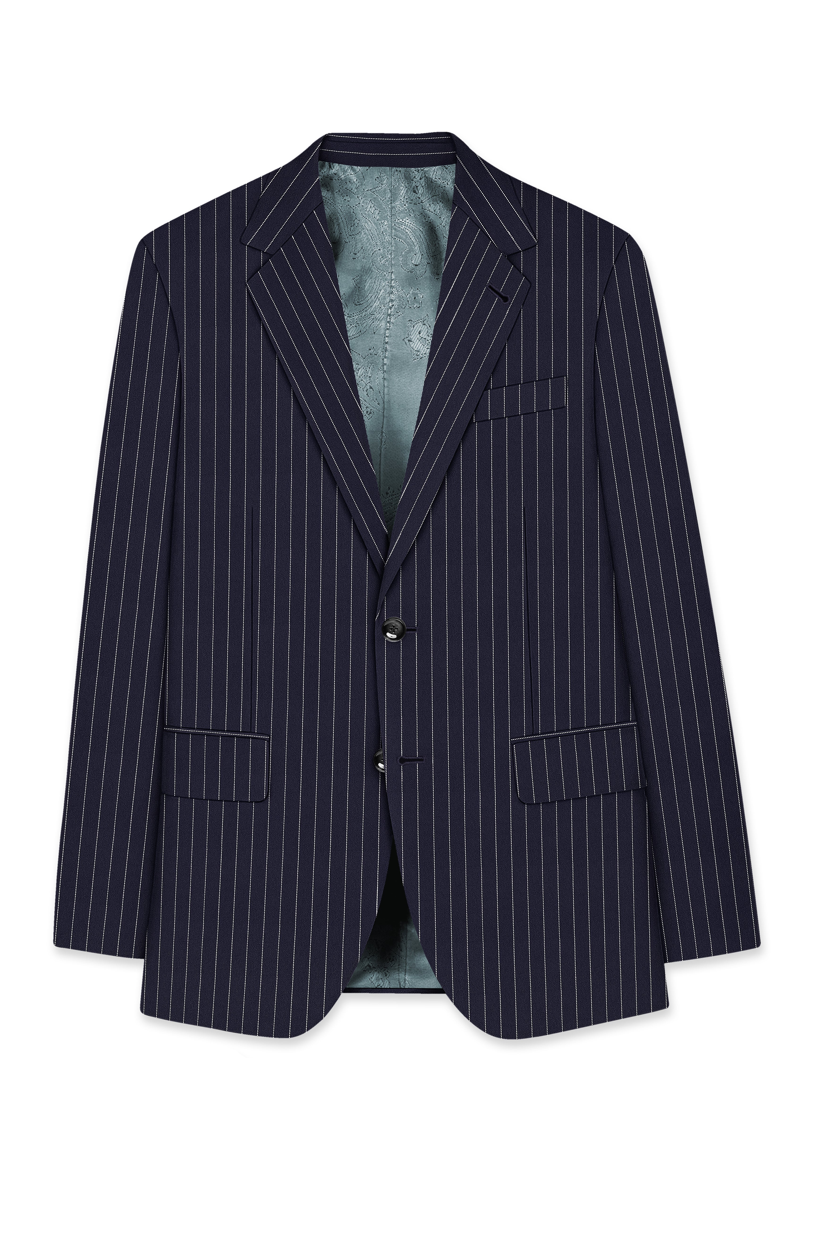 Aurelius-Cinder Blue Bright White Chalk Striped Wool Rich Slight Stretch Single Breasted Blazer