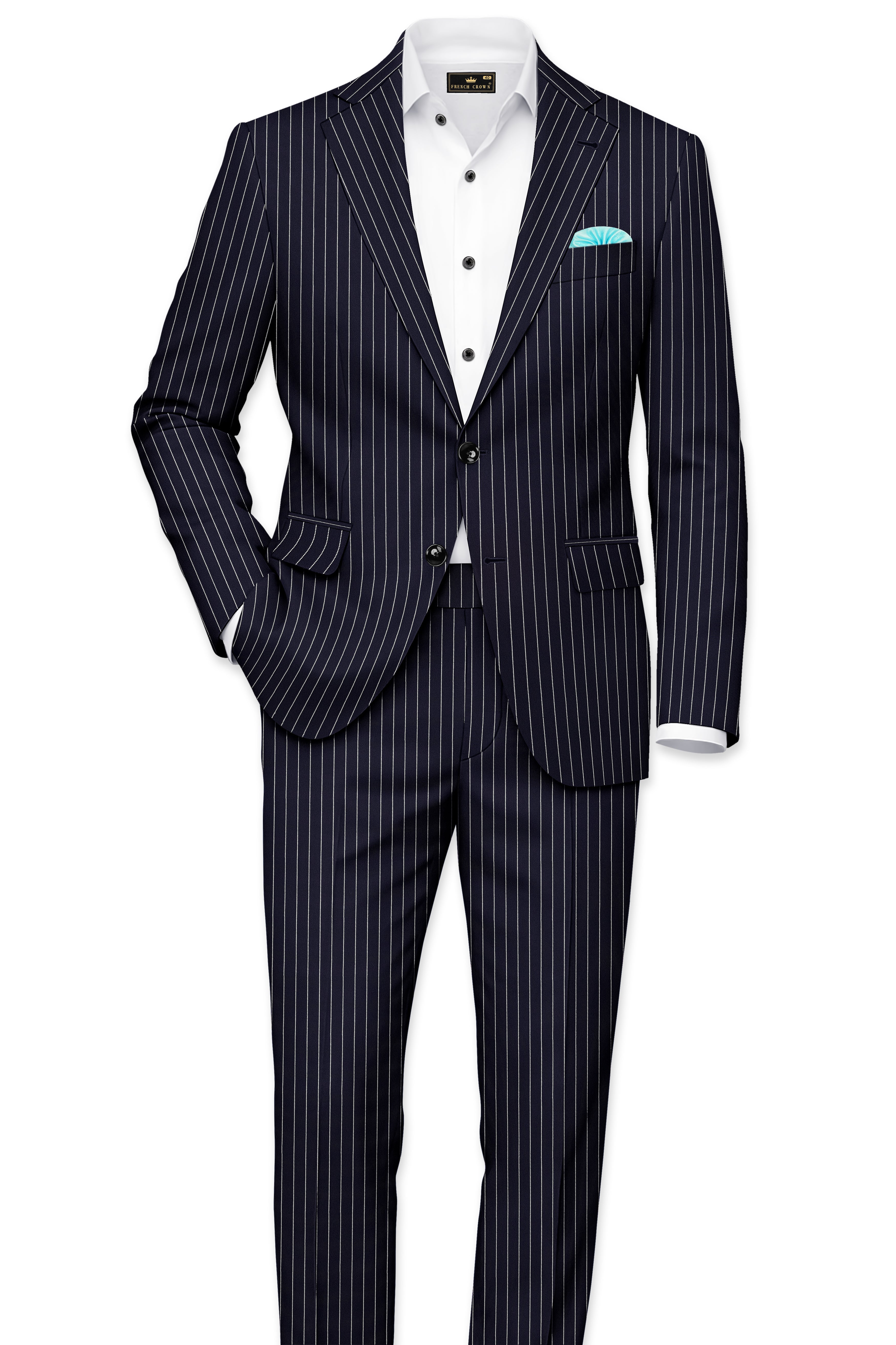 Aurelius-Cinder Blue Bright White Chalk Striped Wool Rich Slight Stretch Single Breasted Blazer