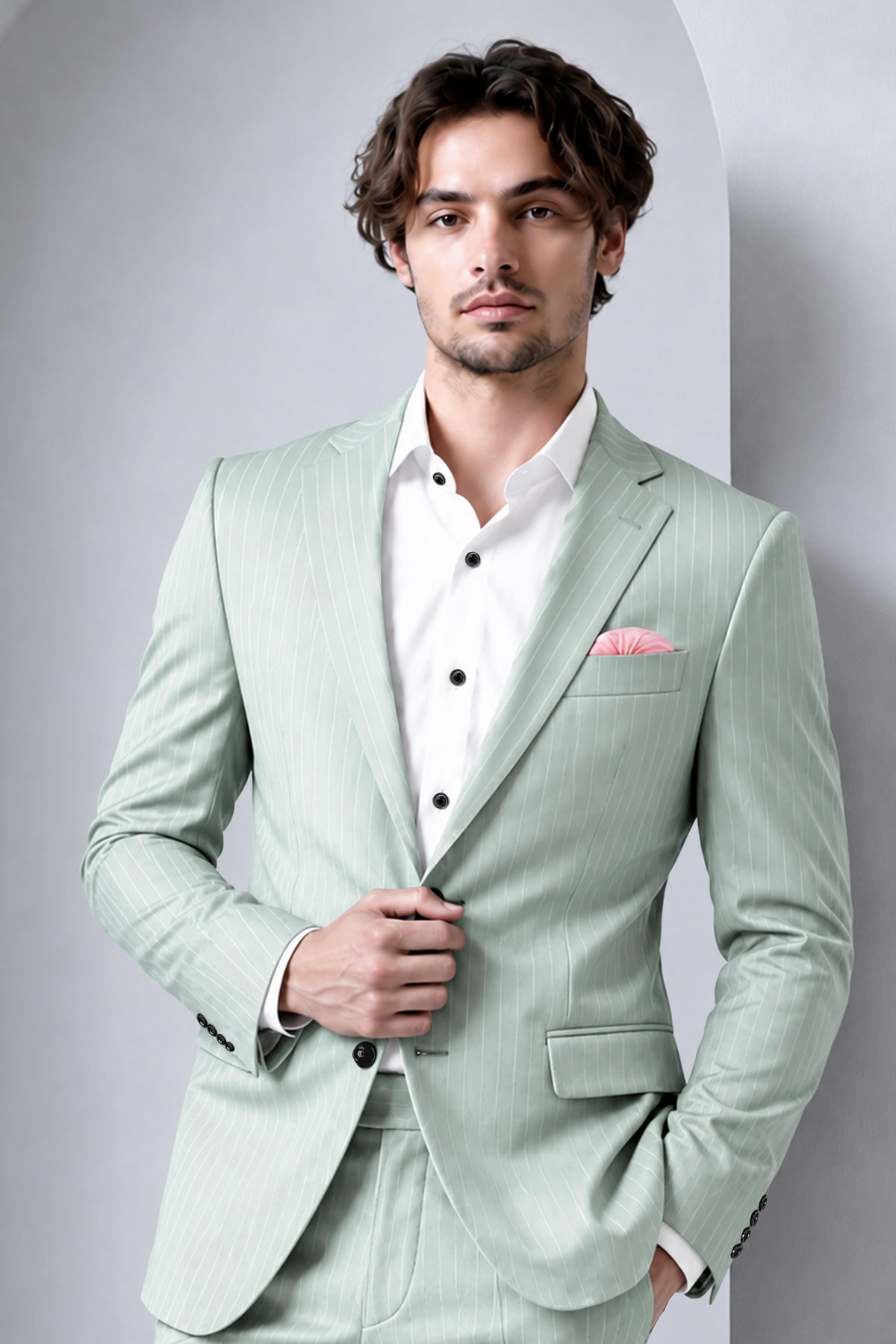 Halcyon-Pale Slate Green Herringbone Striped Wool Rich Slight Stretch Single Breasted Blazer