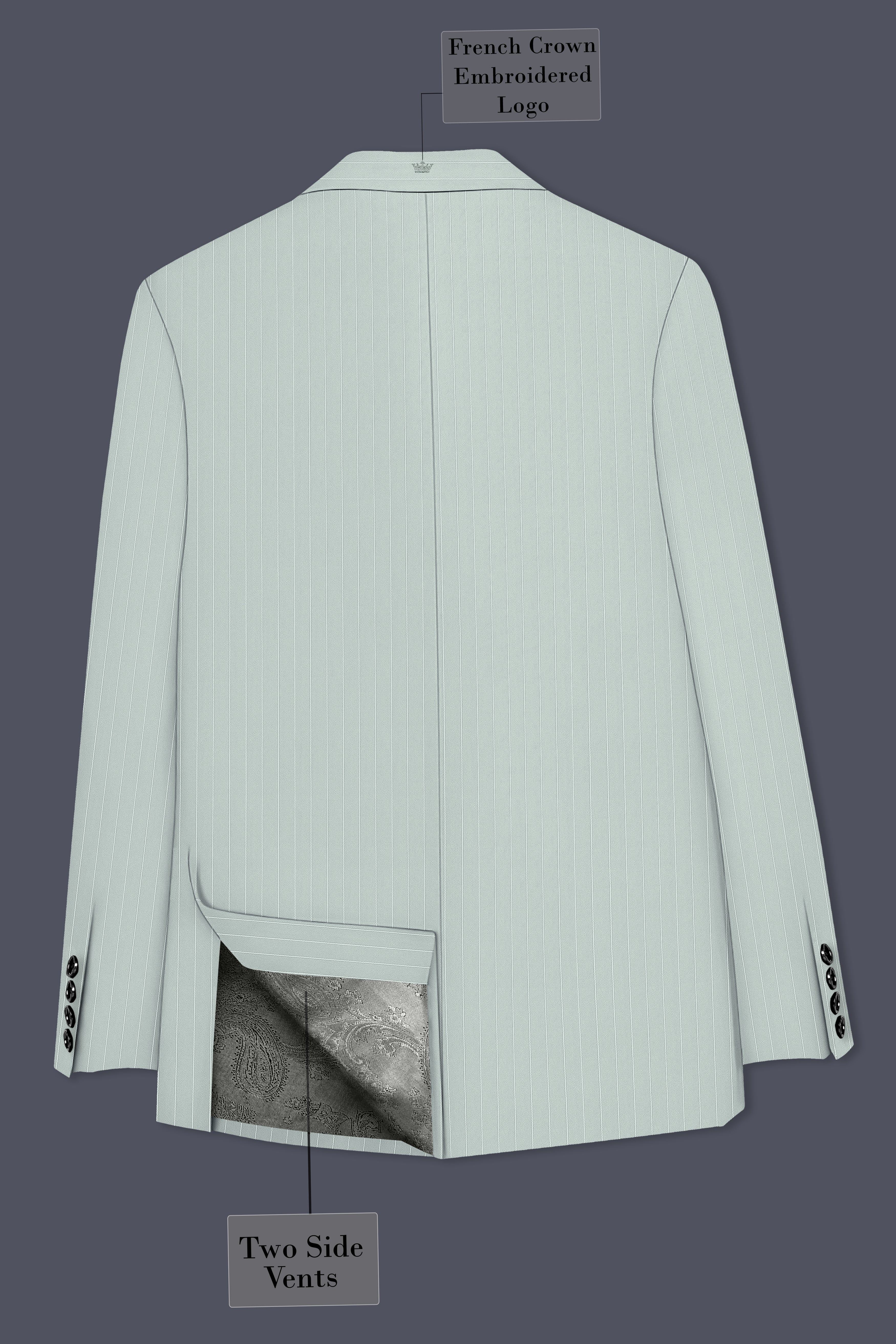 Halcyon-Pale Slate Green Herringbone Striped Wool Rich Slight Stretch Single Breasted Blazer