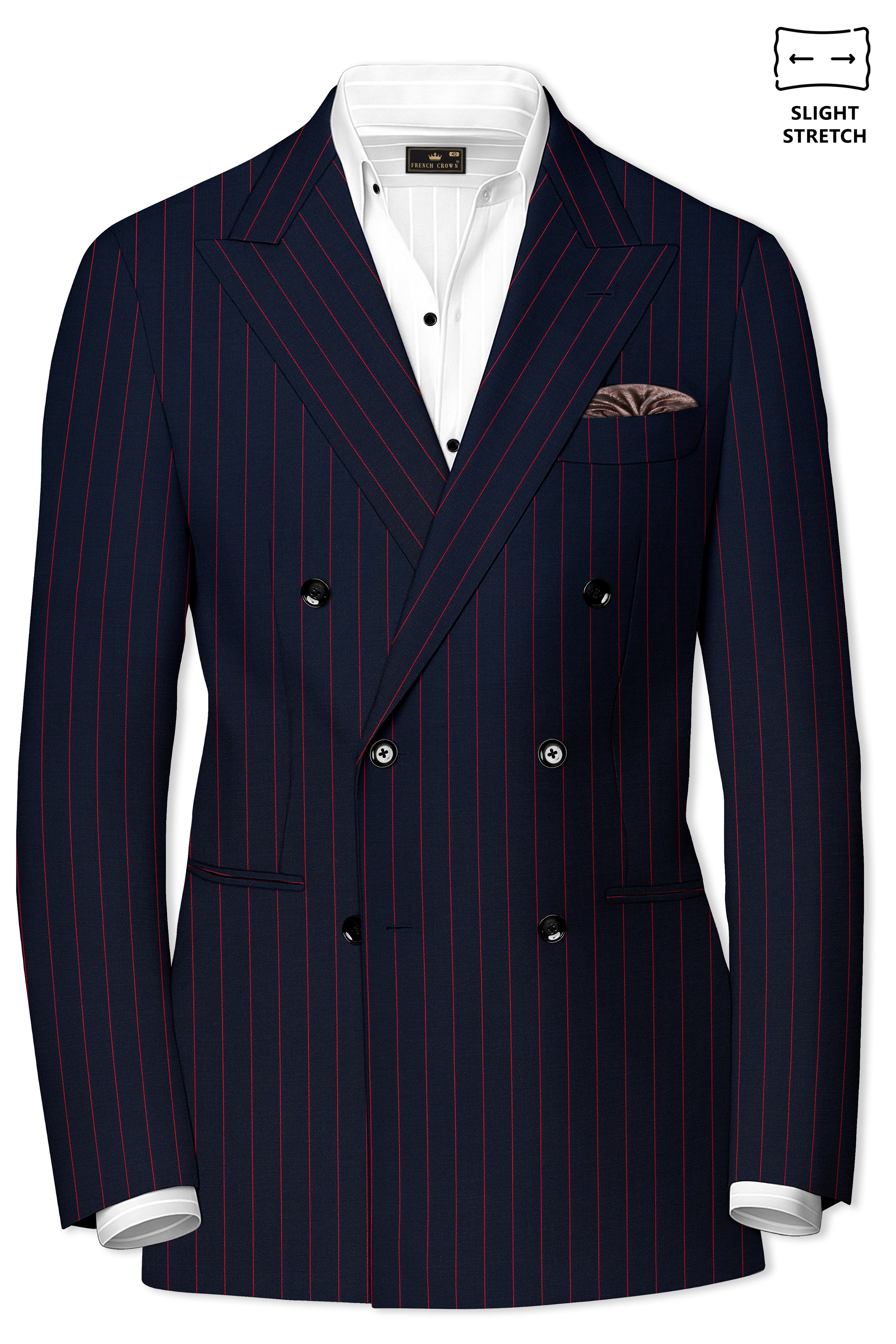 Striata-Haiti Blue And Brick Pink Chalk Striped Wool Rich Slight Stretch Double Breasted Blazer