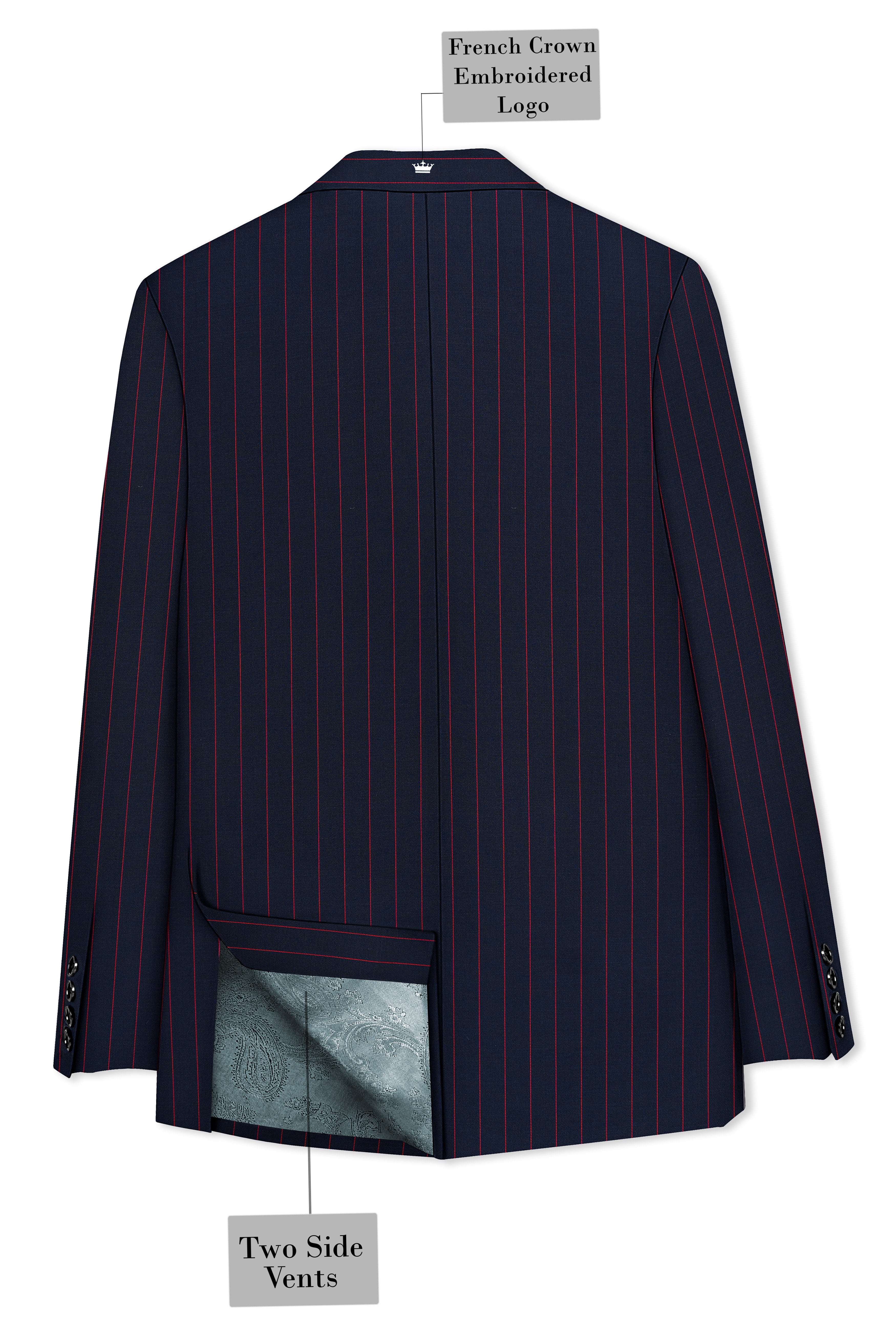 Striata-Haiti Blue And Brick Pink Chalk Striped Wool Rich Slight Stretch Double Breasted Blazer