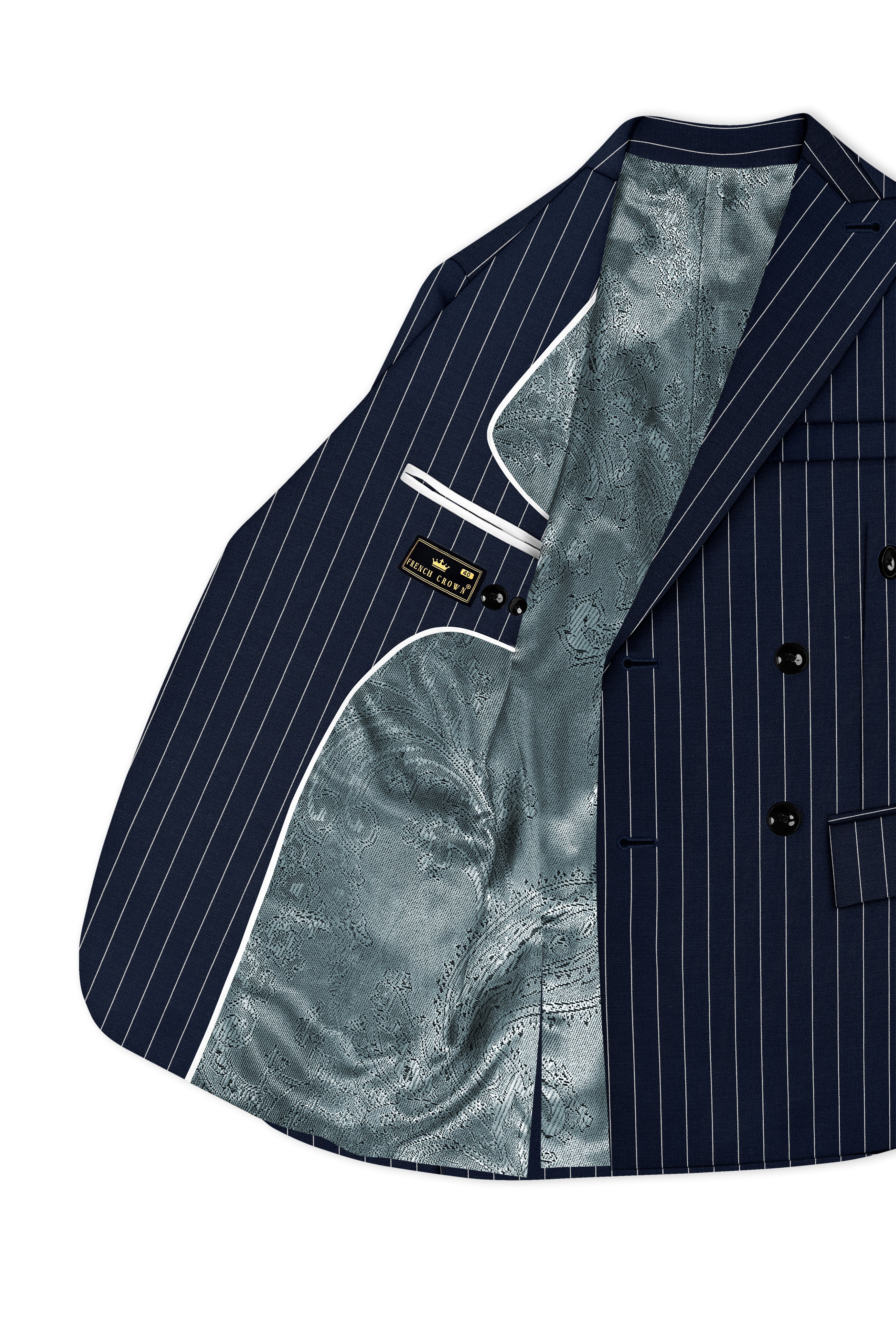 Azureon-Firefly Blue And Bright White Chalk Striped Wool Rich Slight Stretch Double Breasted Blazer