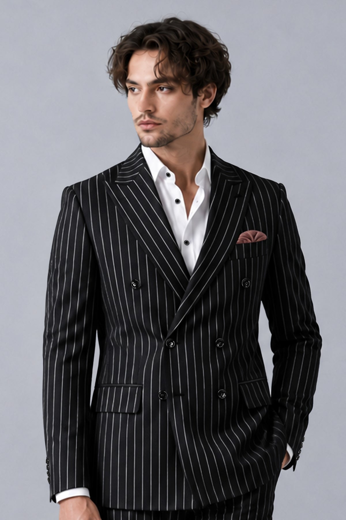 Viceroy-Jade Black And Bright White Chalk Striped Wool Rich Slight Stretch Double Breasted Blazer