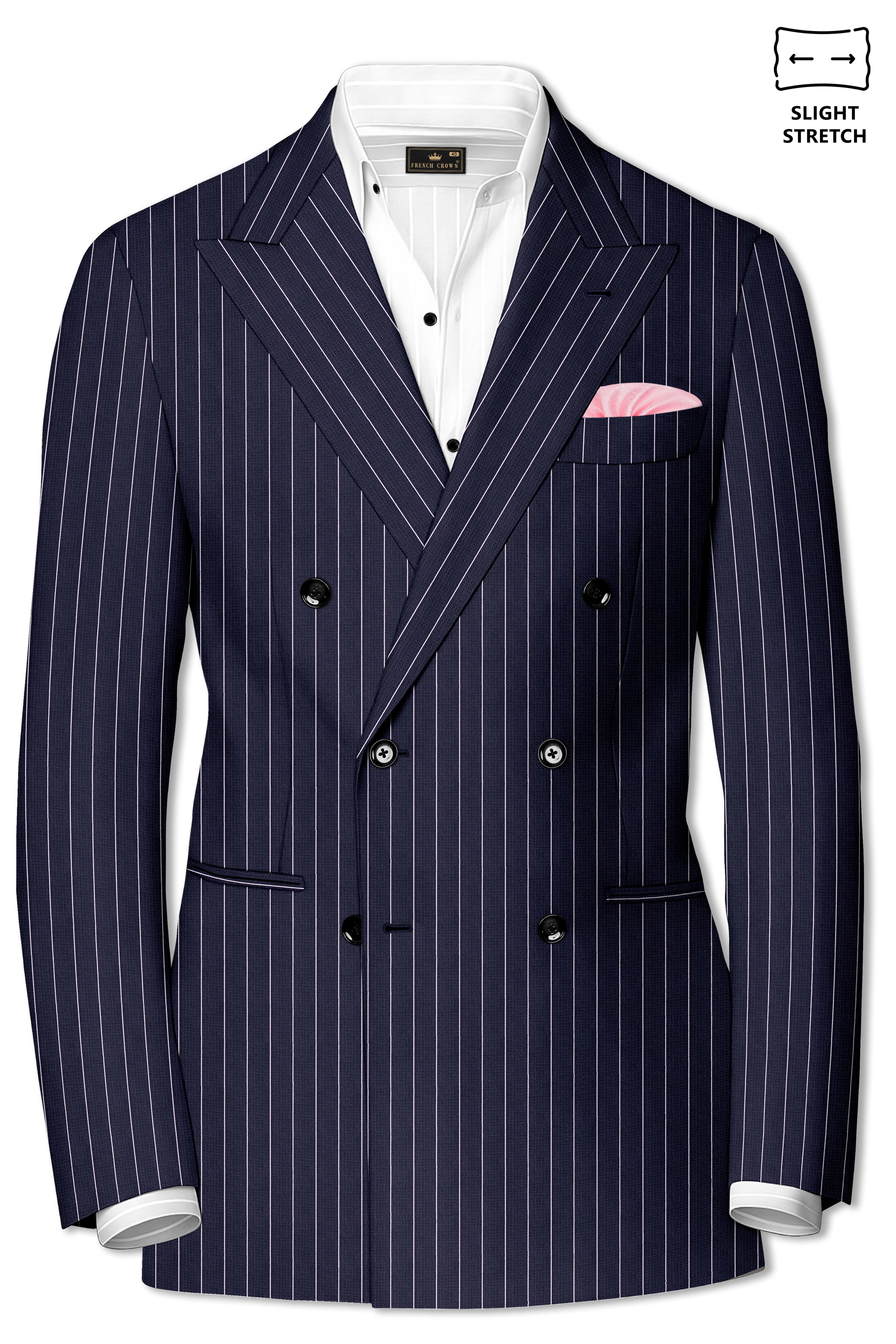 Regent-Ebony Blue And Bright White Chalk Striped Wool Rich Slight Stretch Double Breasted Blazer