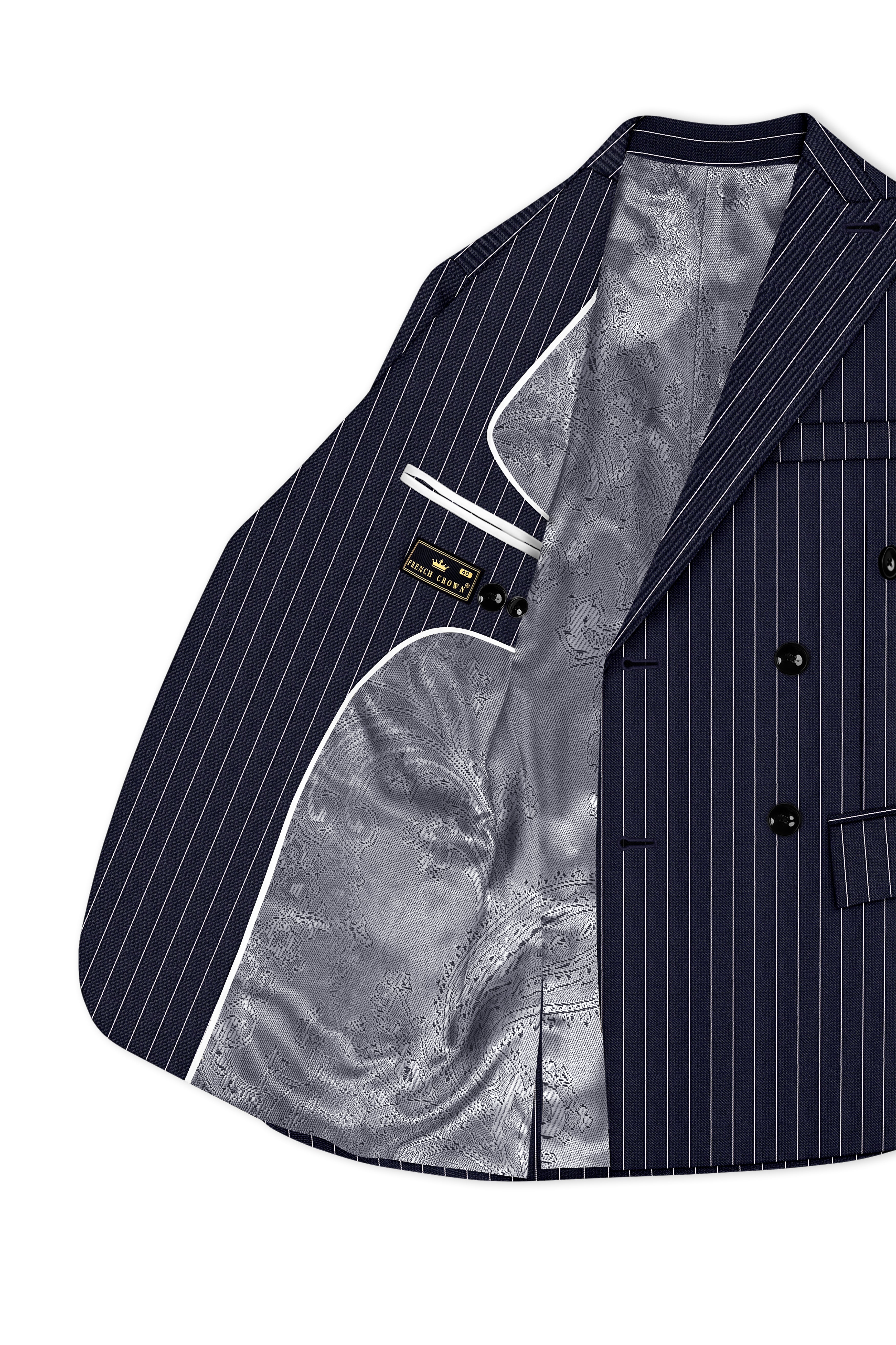 Regent-Ebony Blue And Bright White Chalk Striped Wool Rich Slight Stretch Double Breasted Blazer