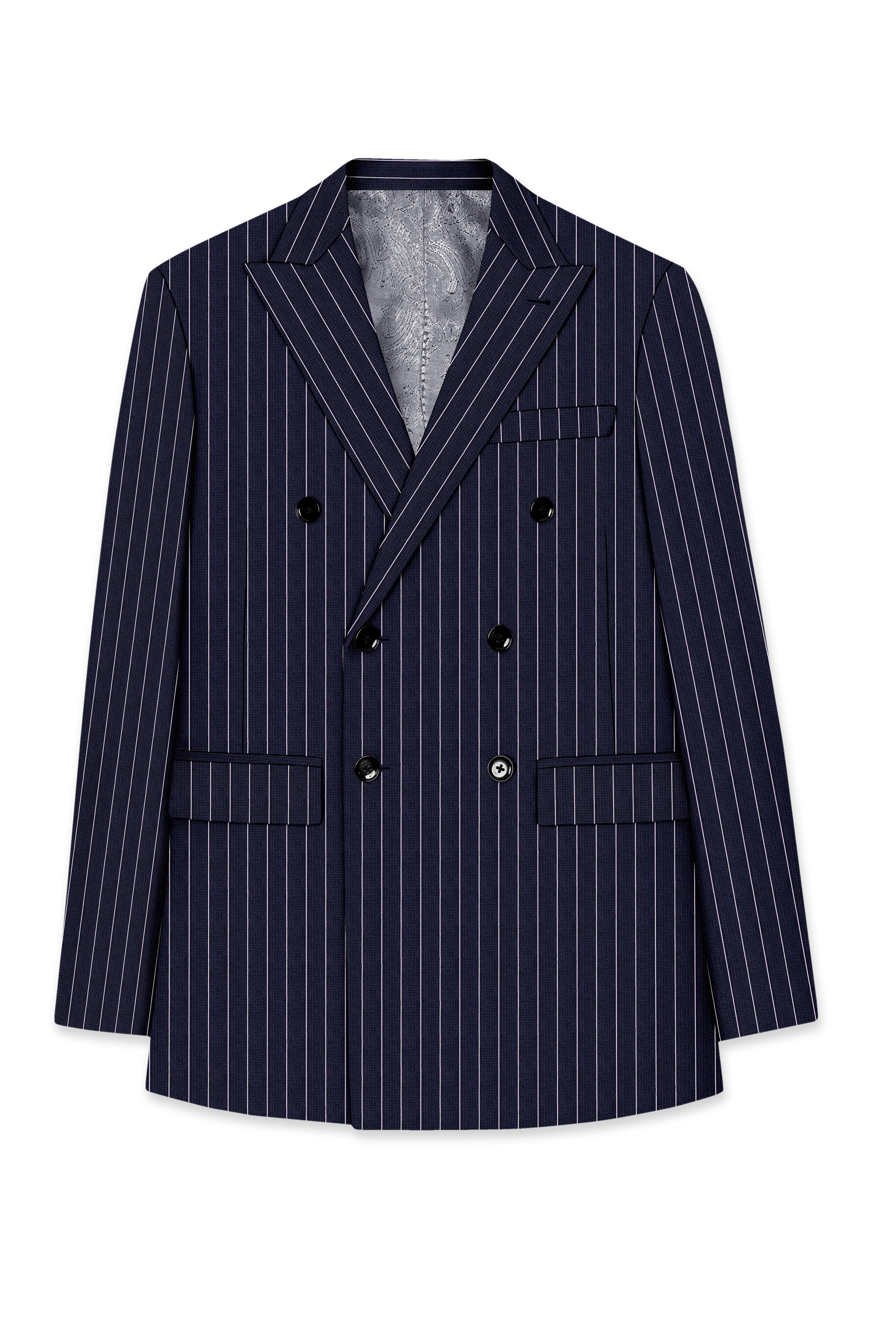 Regent-Ebony Blue And Bright White Chalk Striped Wool Rich Slight Stretch Double Breasted Blazer