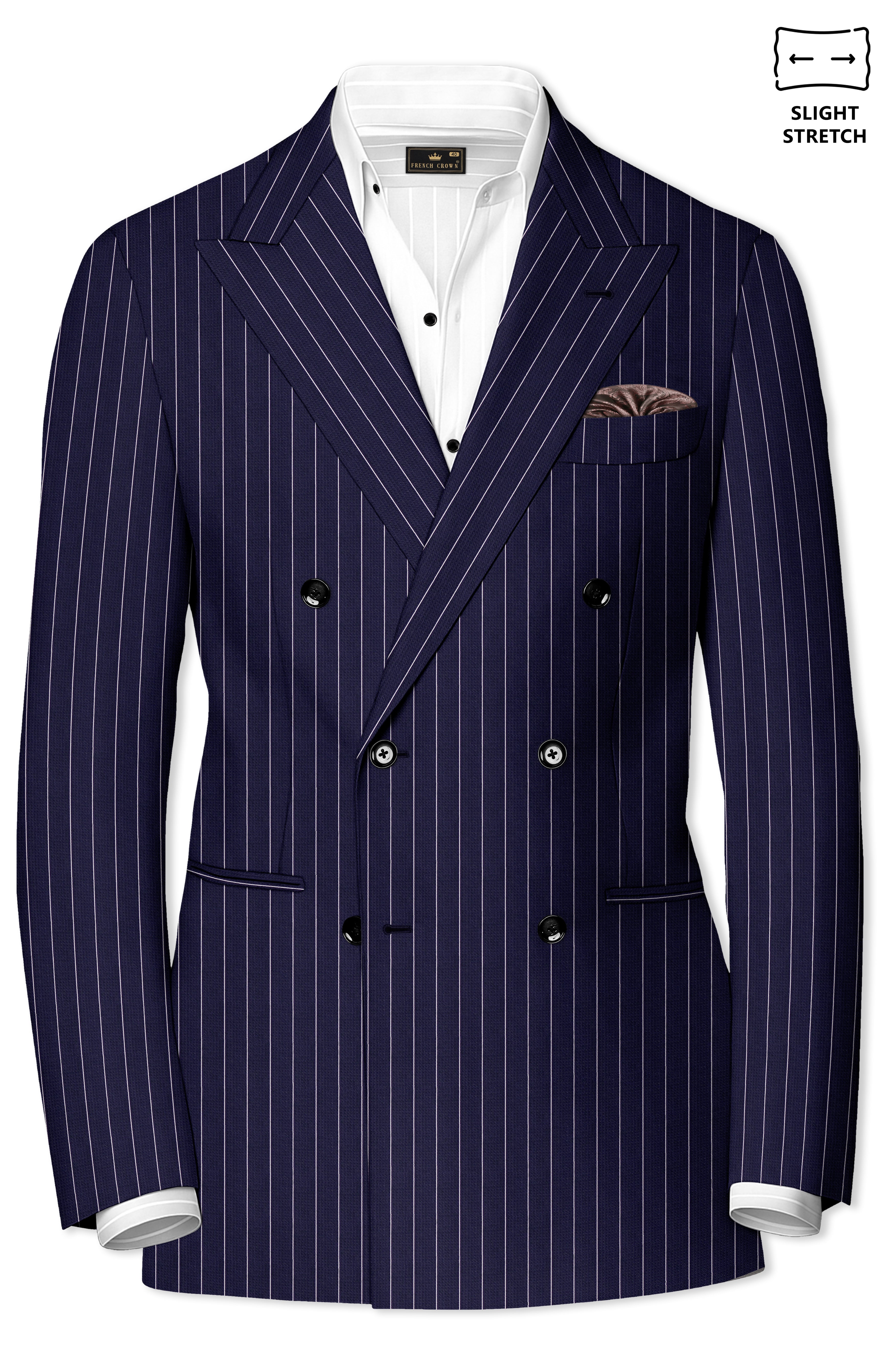 Ascot-Berry Blue And Bright White Chalk Striped Wool Rich Slight Stretch Double Breasted Blazer