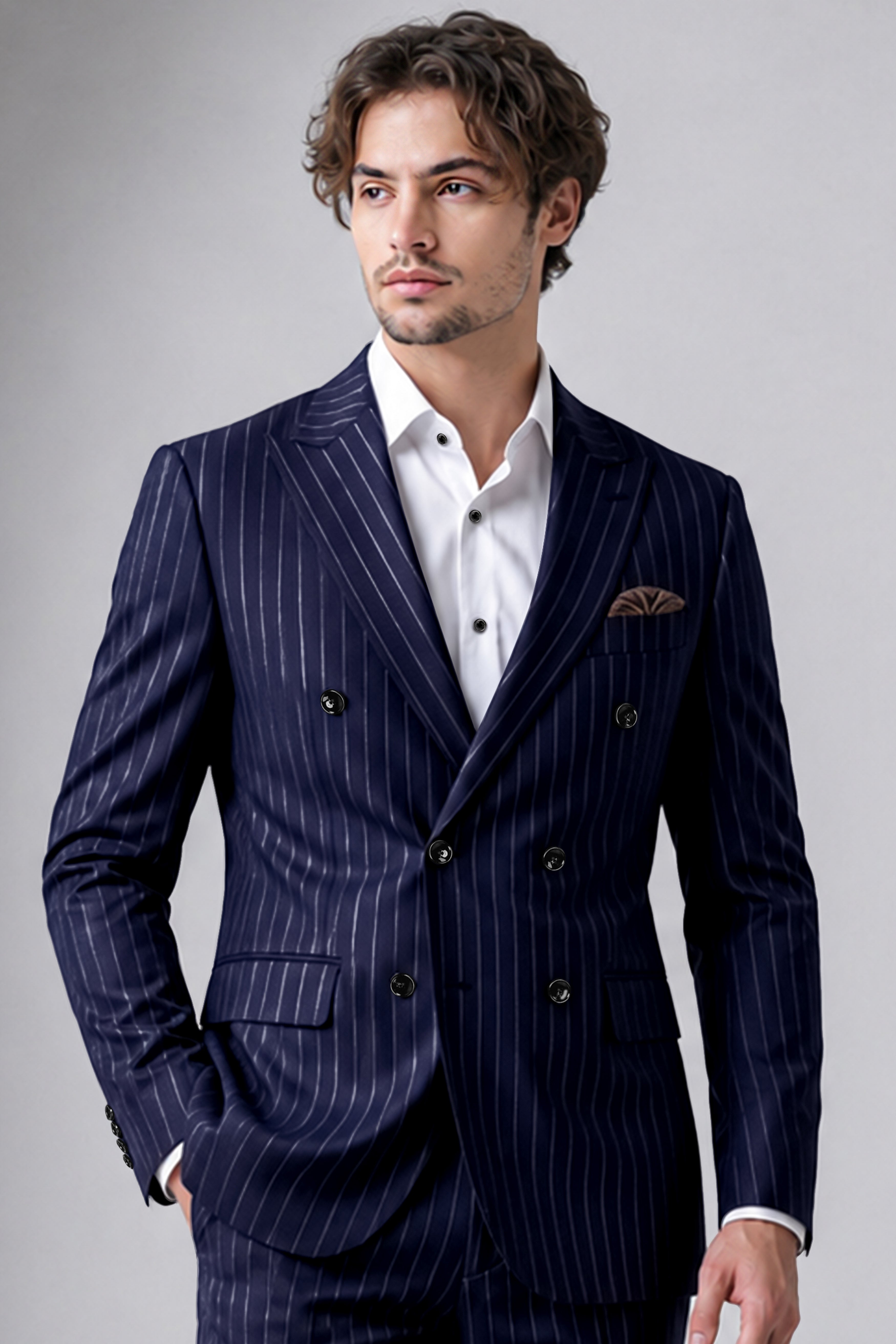 Ascot-Berry Blue And Bright White Chalk Striped Wool Rich Slight Stretch Double Breasted Blazer