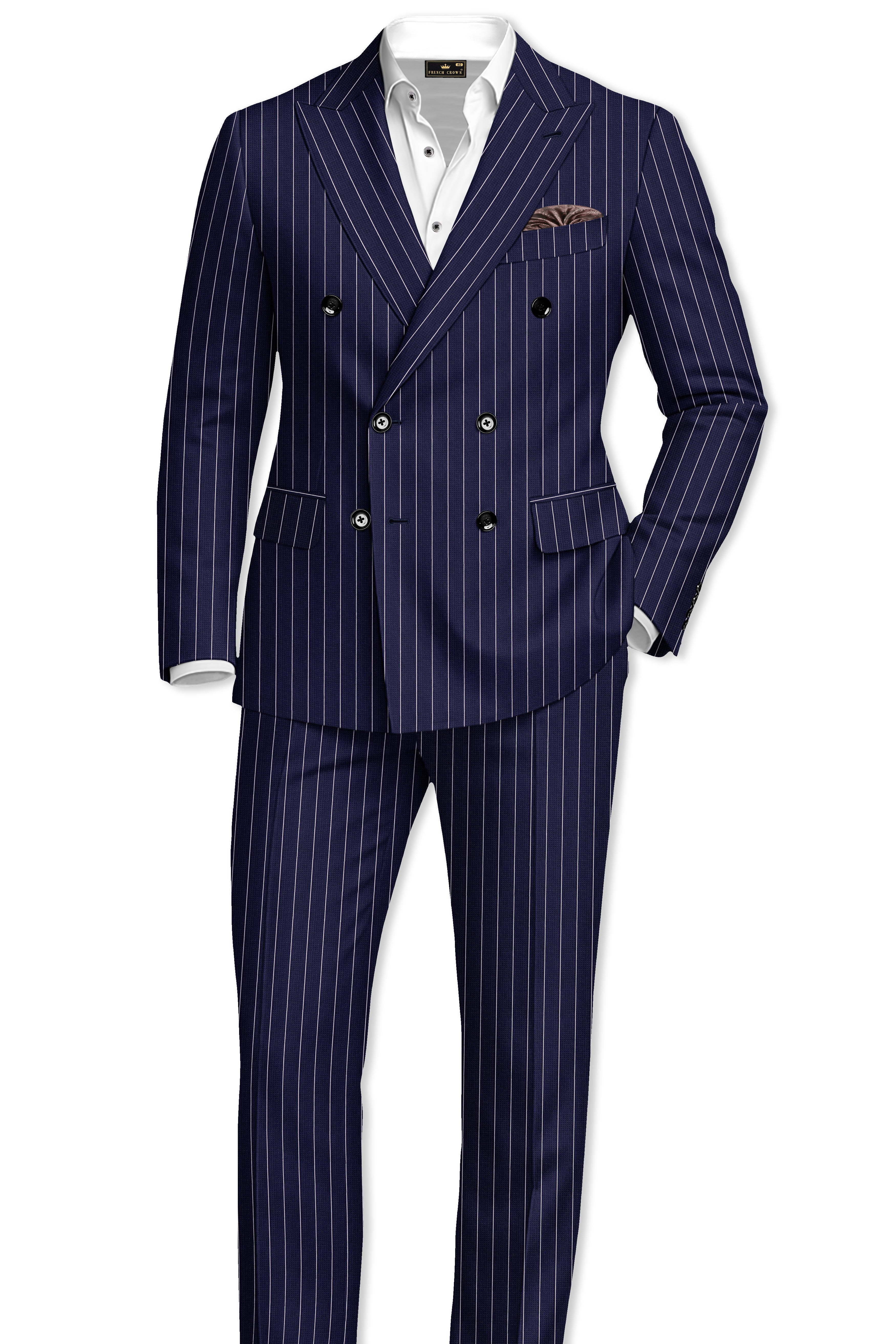Ascot-Berry Blue And Bright White Chalk Striped Wool Rich Slight Stretch Double Breasted Blazer