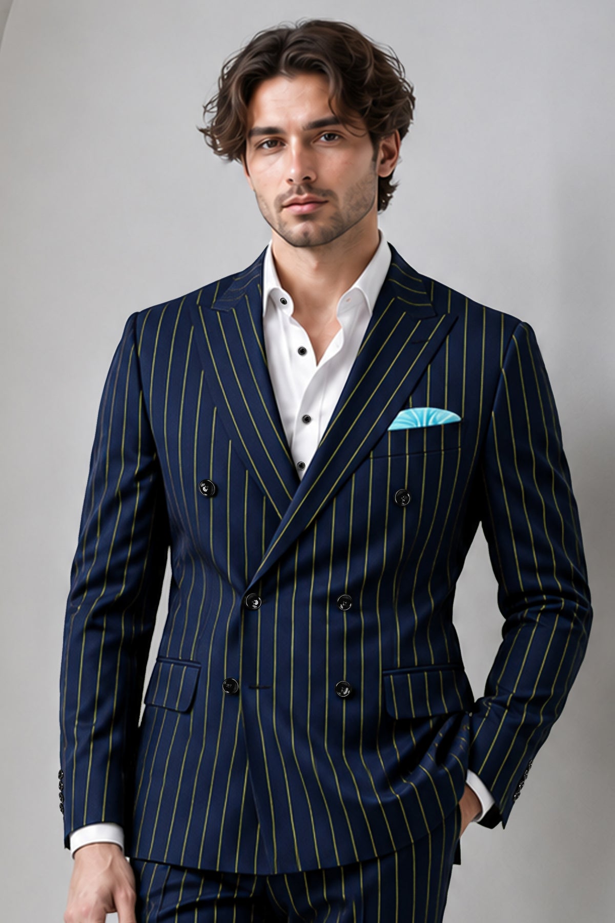 Aurum-Midnight Blue And Harvest Yellow Chalk Striped Wool Rich Slight Stretch Double Breasted Blazer