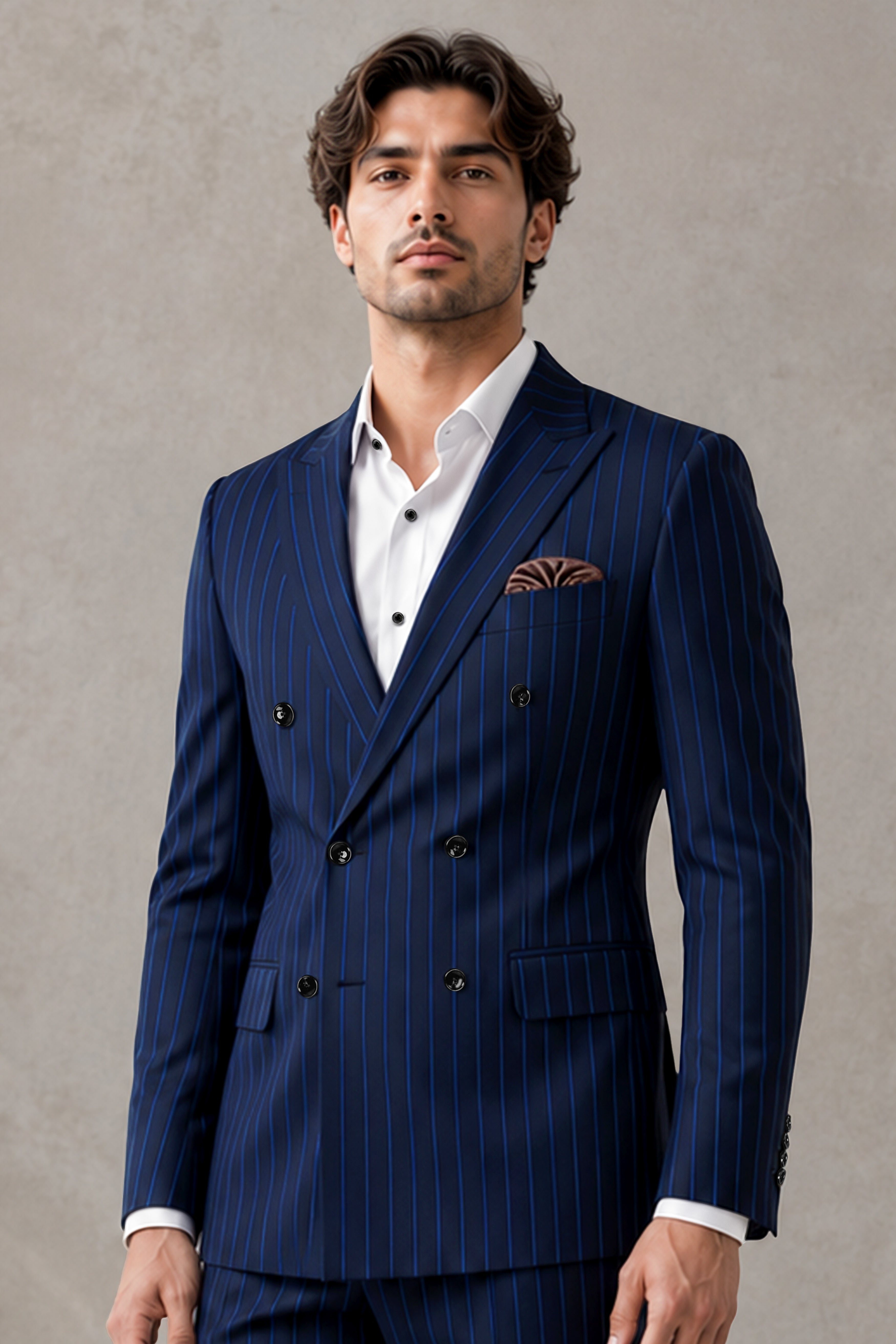 Strivon-Tealish Blue Chalk Striped Wool Rich Slight Stretch Double Breasted Blazer