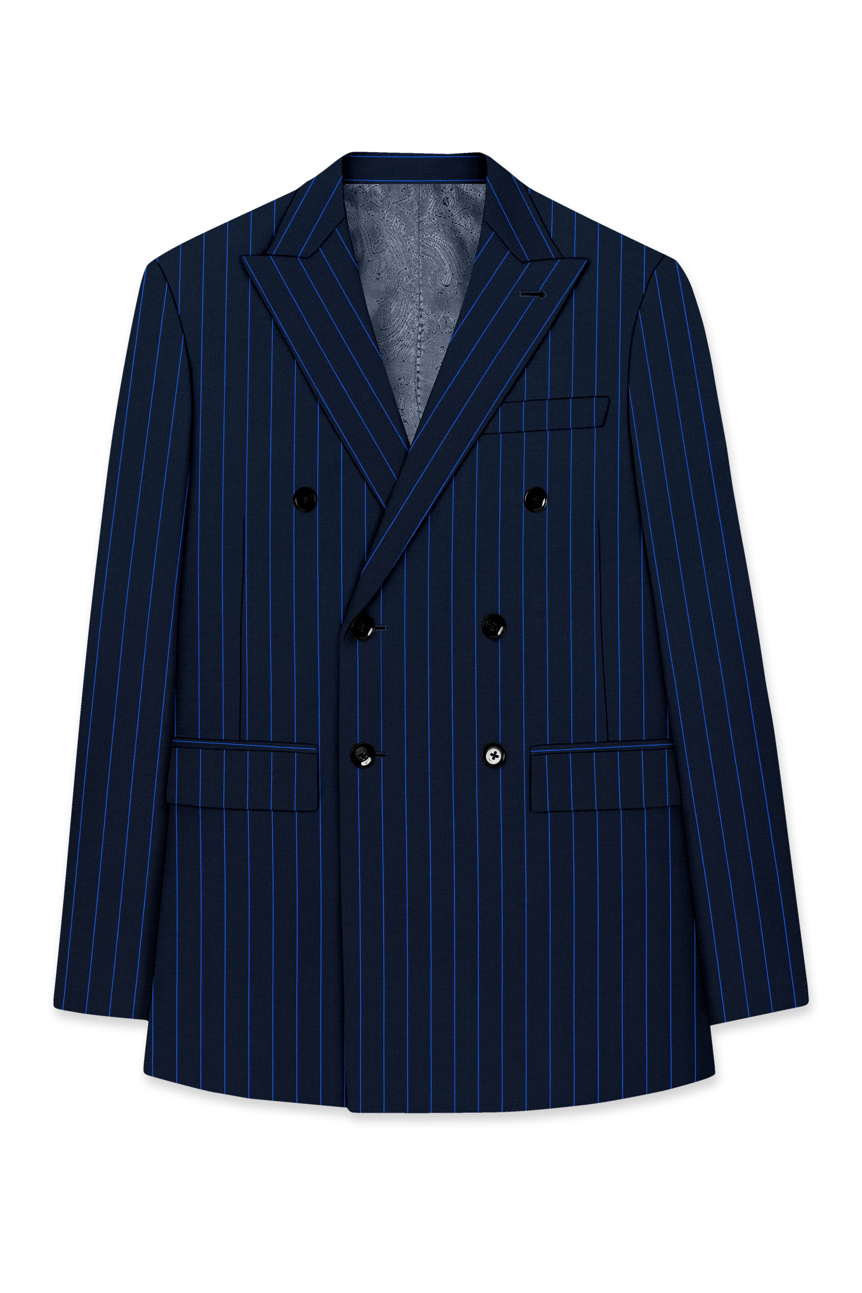 Strivon-Tealish Blue Chalk Striped Wool Rich Slight Stretch Double Breasted Blazer