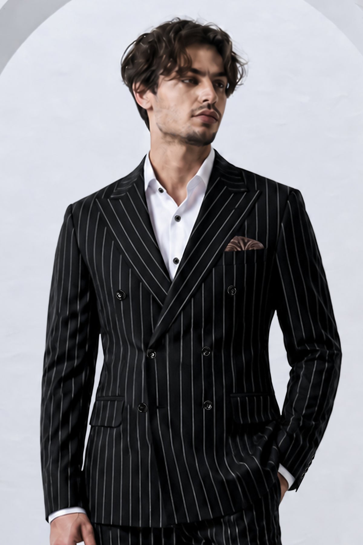 Veritas-Jade Black And Bright White Pin Striped Wool Rich Slight Stretch Double Breasted Blazer