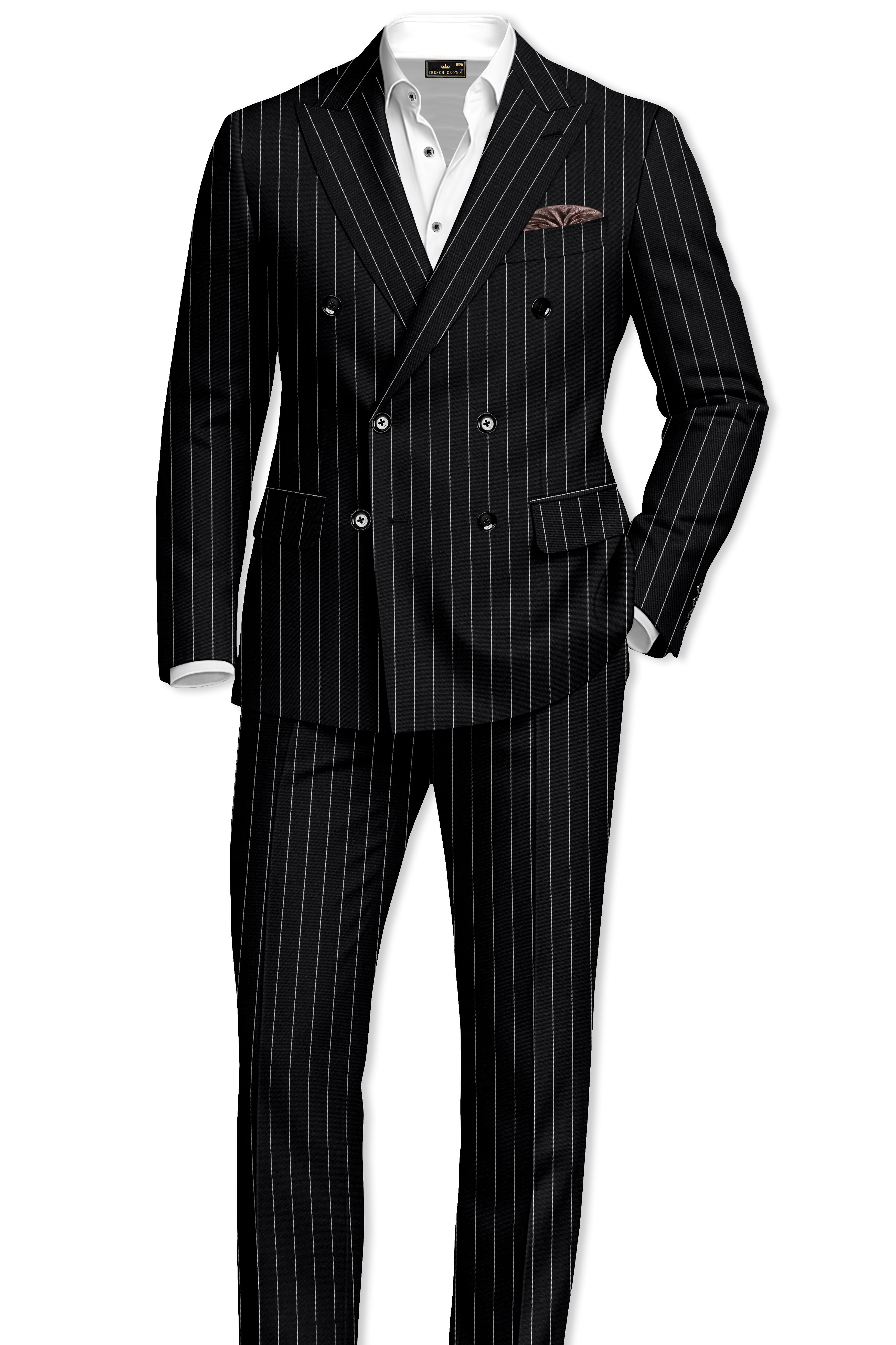 Veritas-Jade Black And Bright White Pin Striped Wool Rich Slight Stretch Double Breasted Blazer