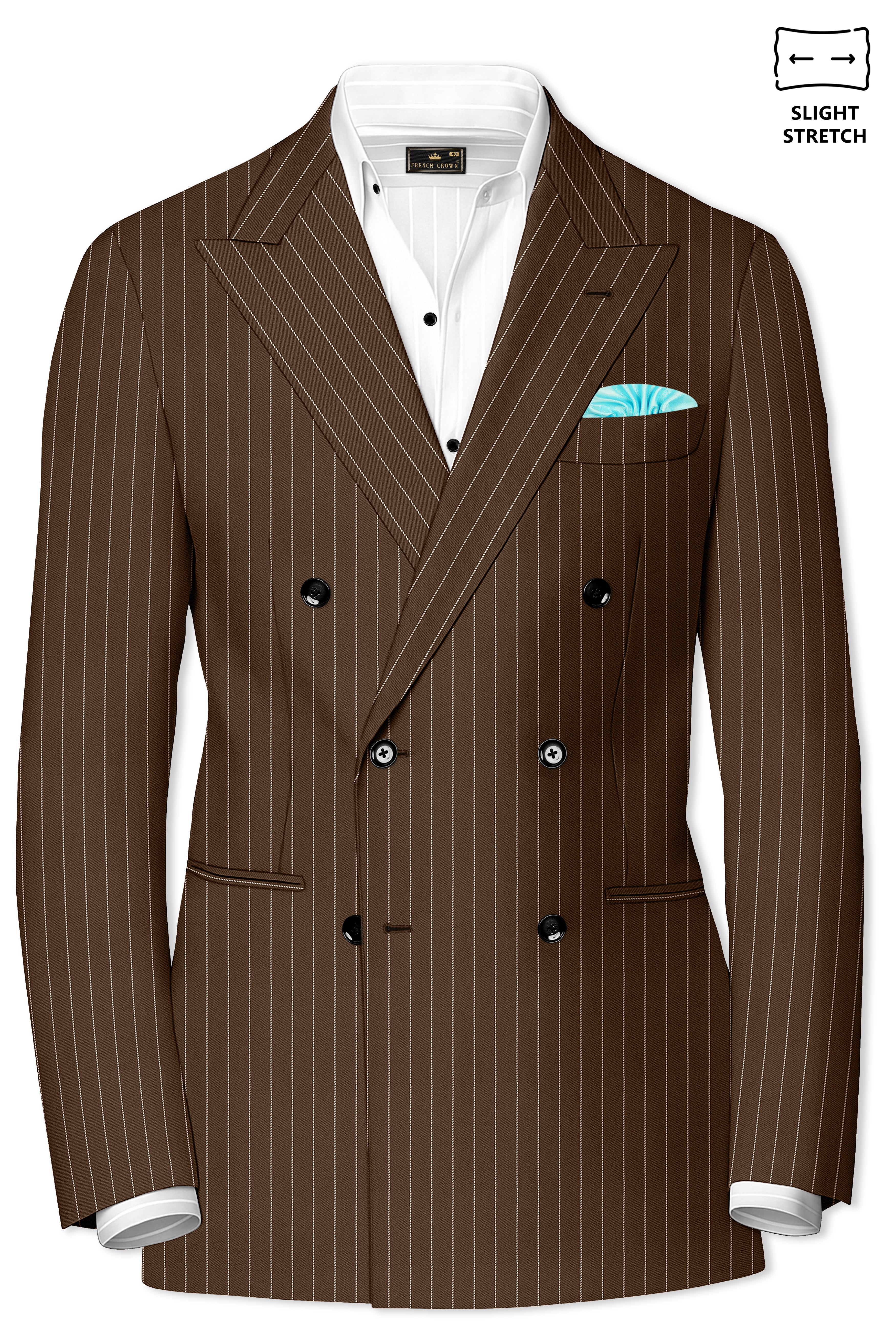 Bristol-Iroko Brown And Bright White Chalk Striped Wool Rich Slight Stretch Double Breasted Blazer