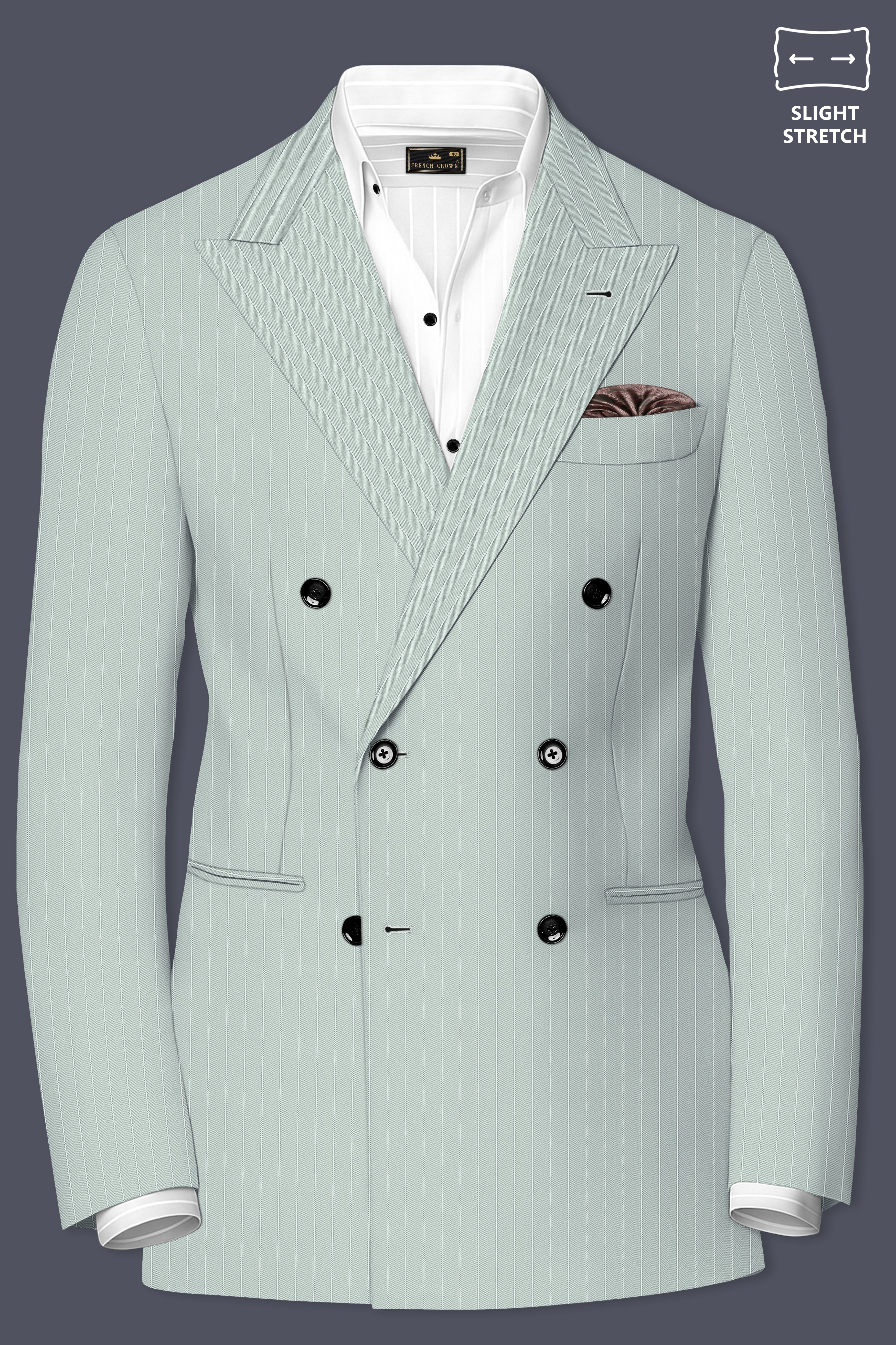 Halcyon-Pale Slate Green Herringbone Striped Wool Rich Slight Stretch Double Breasted Blazer