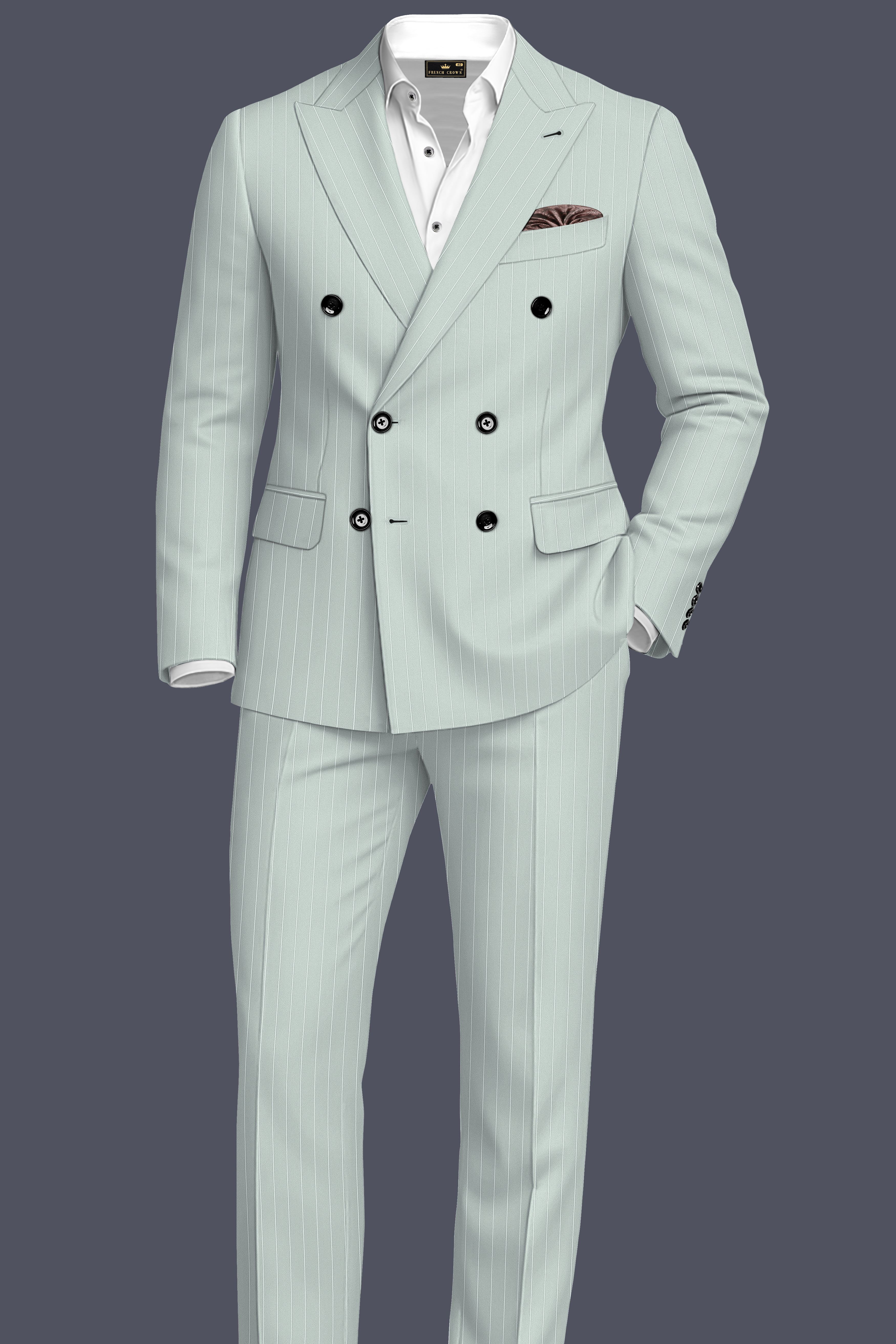 Halcyon-Pale Slate Green Herringbone Striped Wool Rich Slight Stretch Double Breasted Blazer