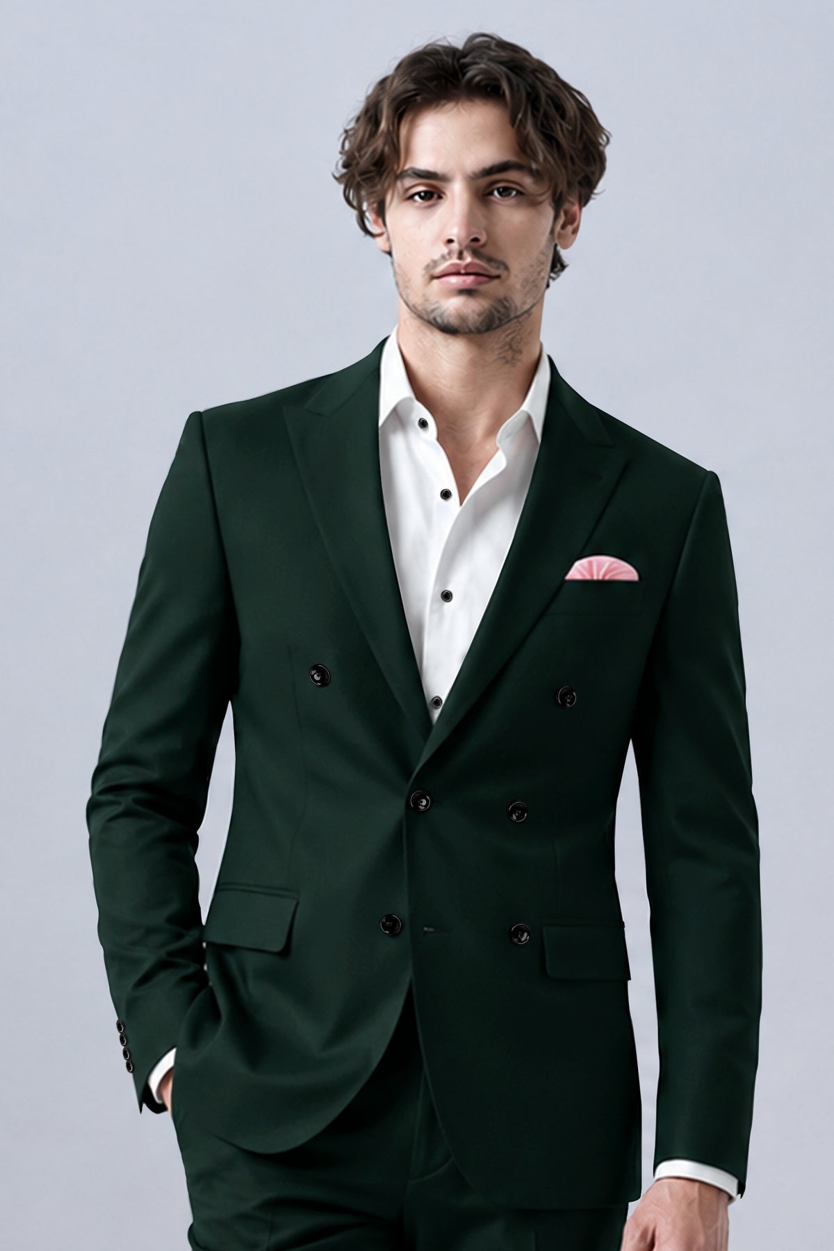 Verde-Aztec Green 4-Way Stretch Wrinkle-Free Fluid Drape Fabric Double Breasted Blazer