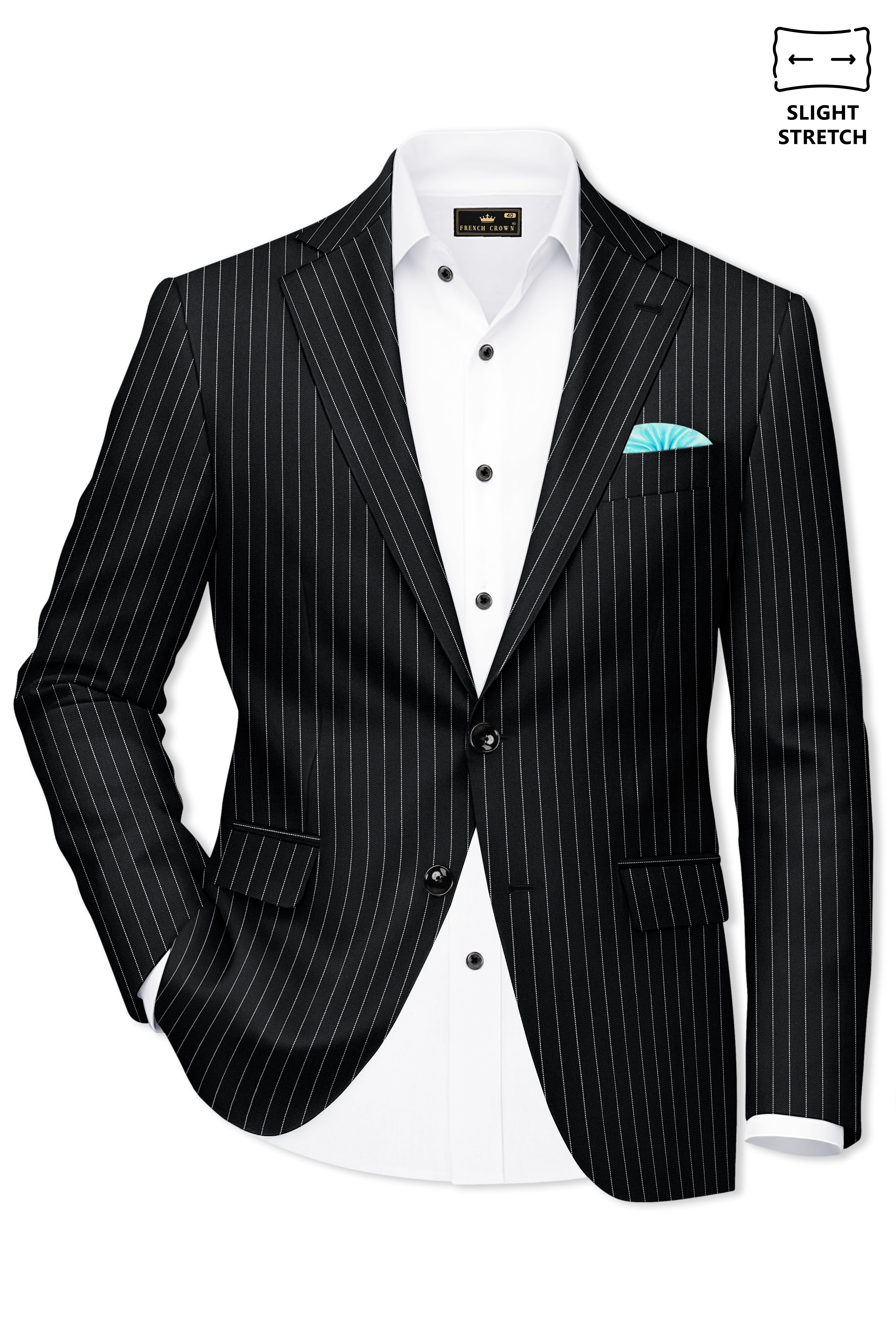 Strivon-Jade Black And Bright White Chalk Striped Wool Rich Slight Stretch Single Breasted Blazer