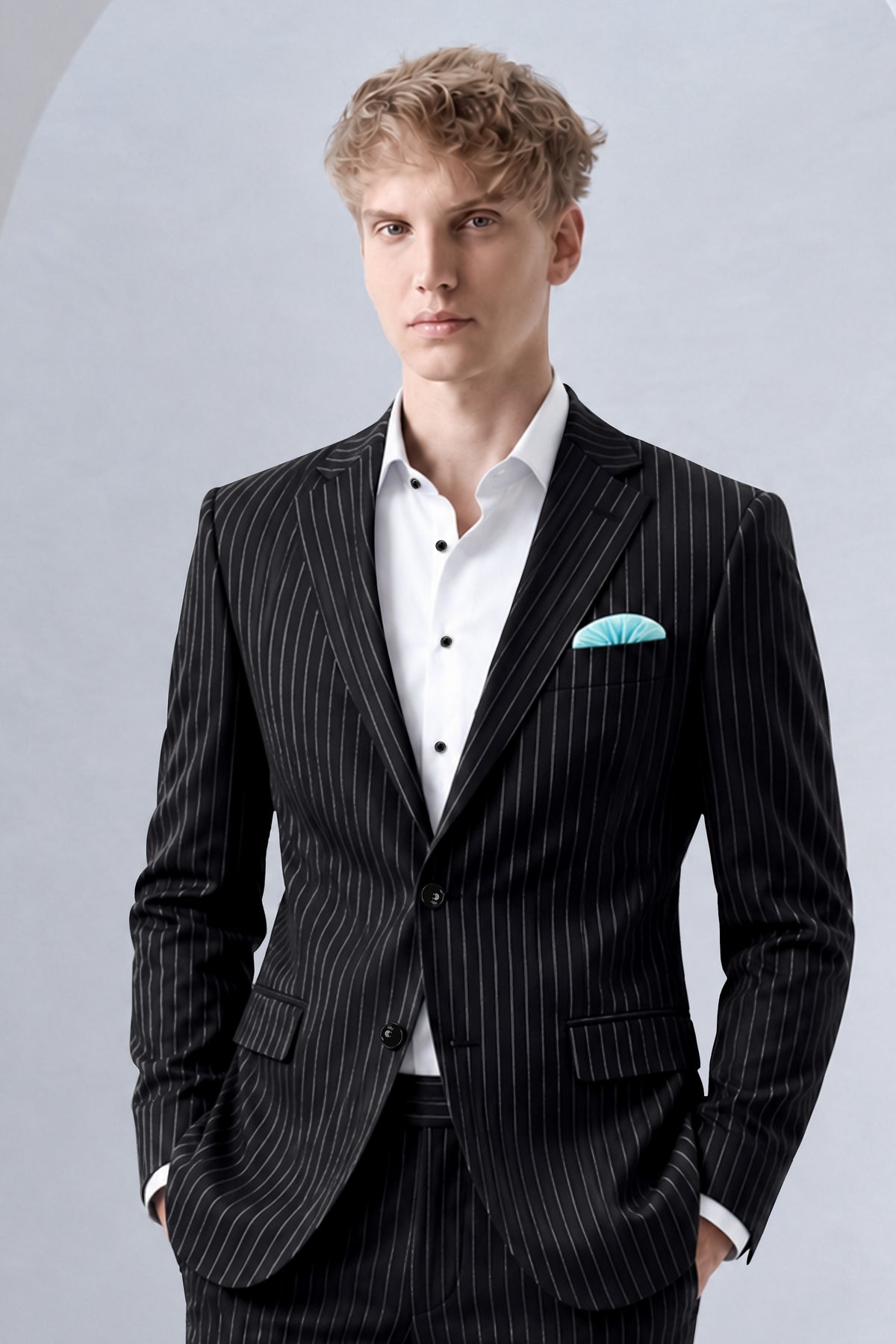 Strivon-Jade Black And Bright White Chalk Striped Wool Rich Slight Stretch Single Breasted Blazer