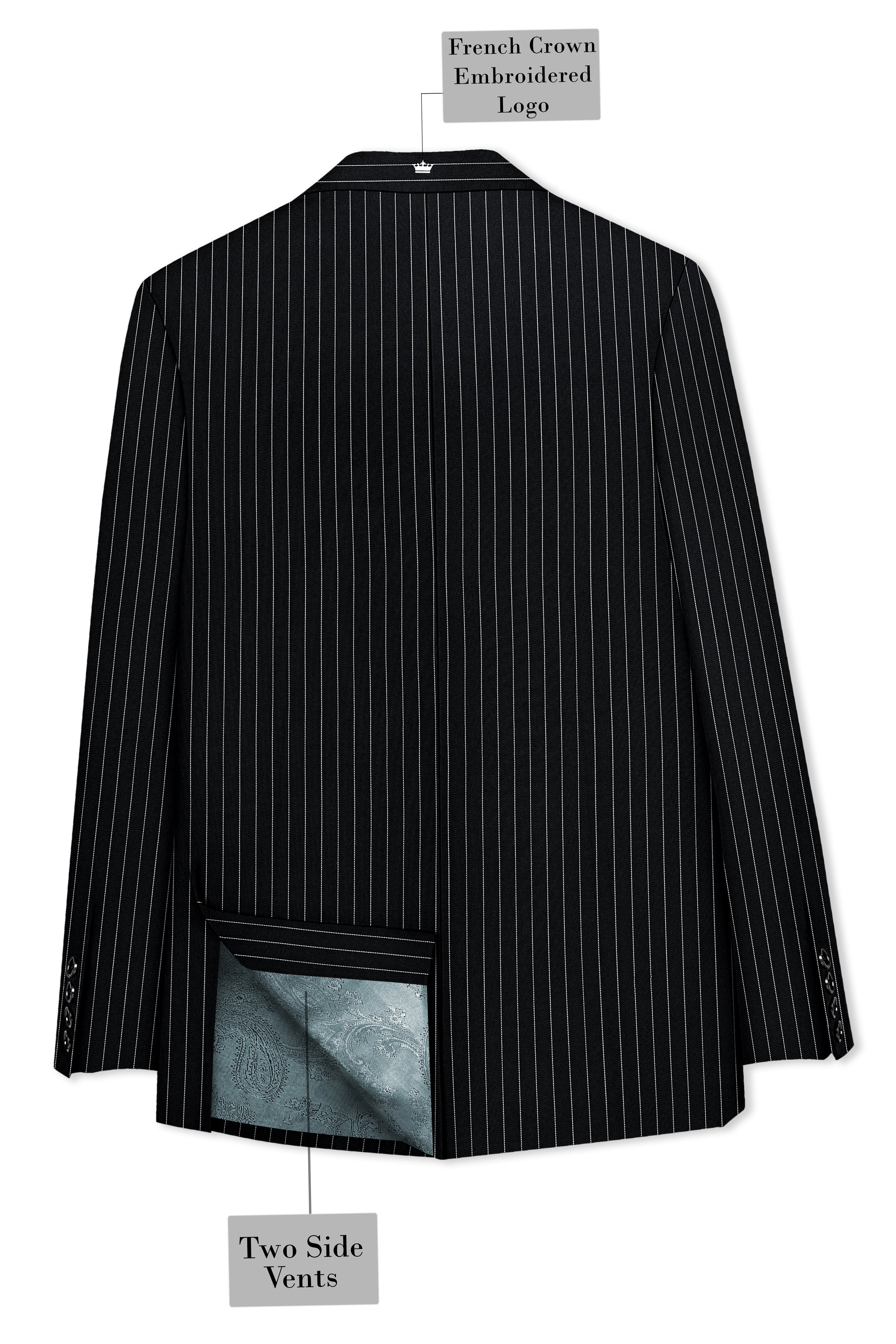 Strivon-Jade Black And Bright White Chalk Striped Wool Rich Slight Stretch Single Breasted Blazer