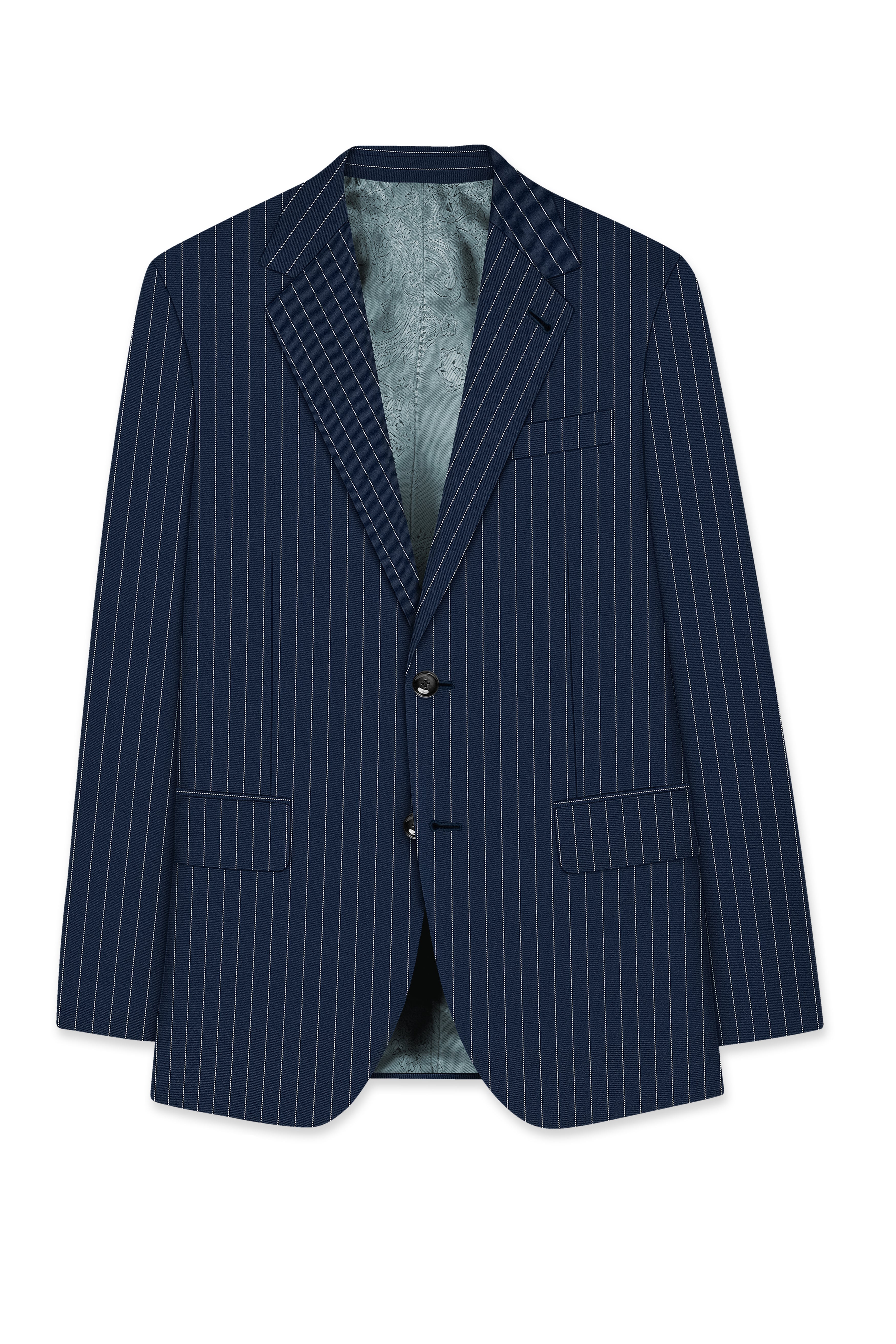 Veritus-Zodiac Blue And Bright White Chalk Striped Wool Rich Slight Stretch Single Breasted Blazer