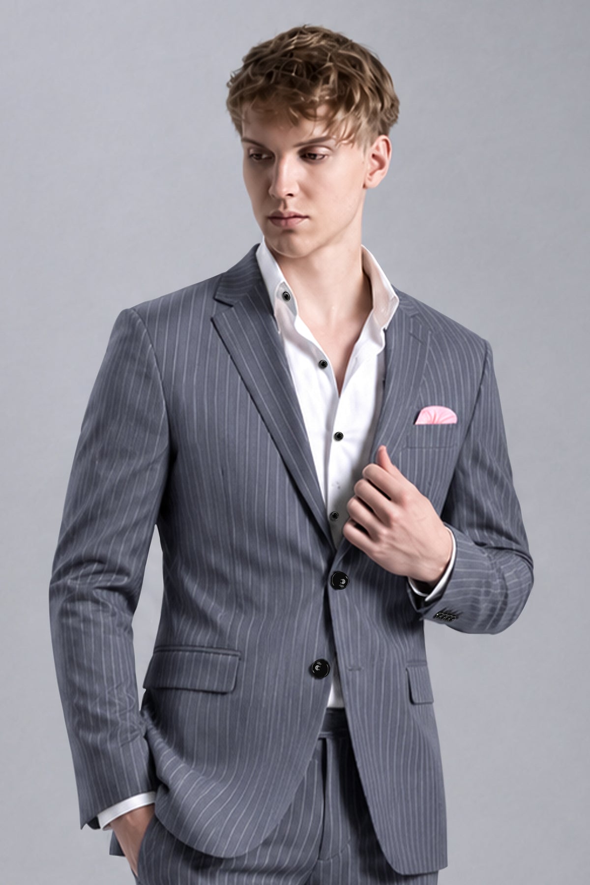 Monarch-Shark Gray And Bright White Chalk Striped Wool Rich Slight Stretch Single Breasted Blazer