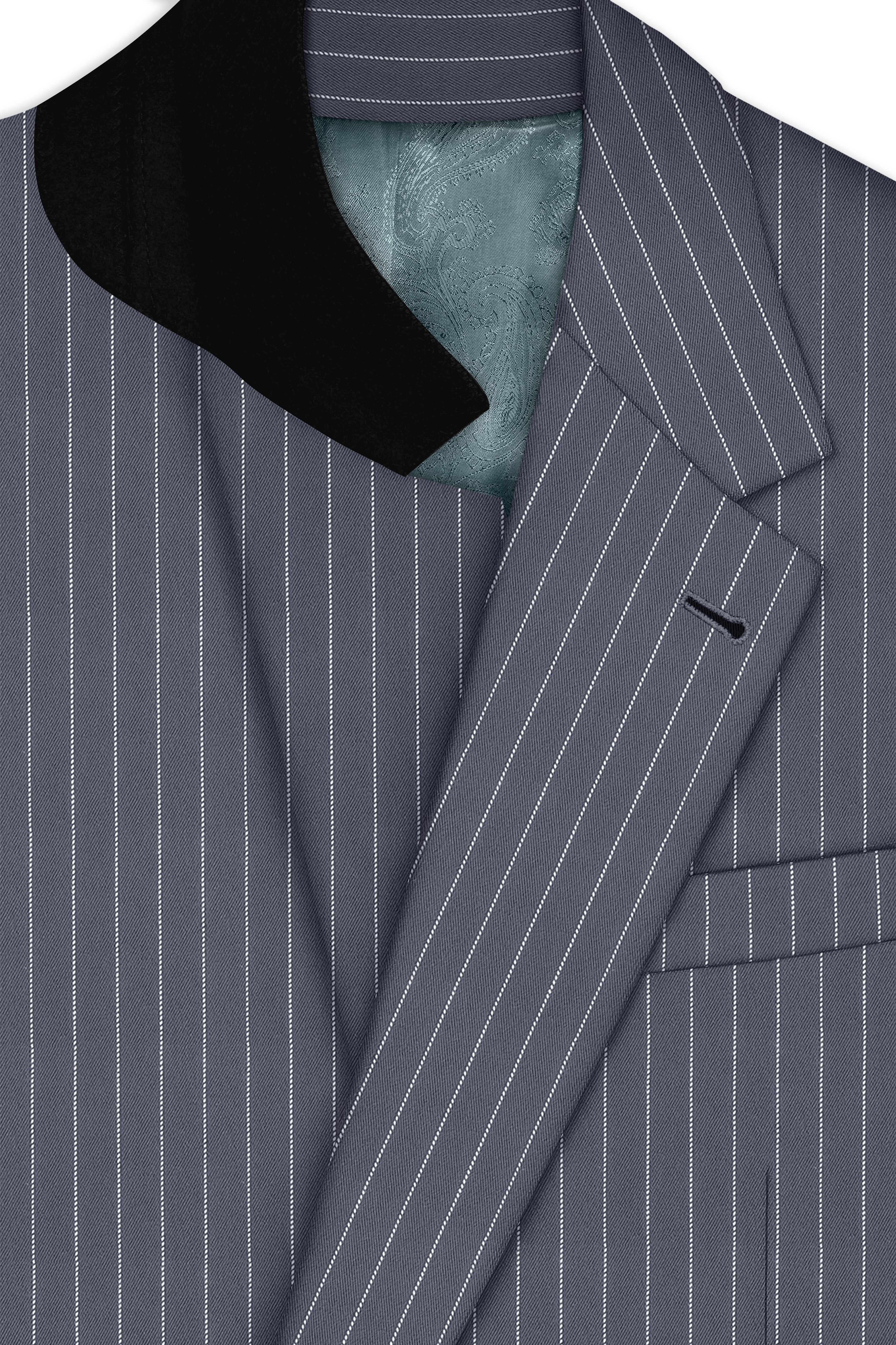 Monarch-Shark Gray And Bright White Chalk Striped Wool Rich Slight Stretch Single Breasted Blazer
