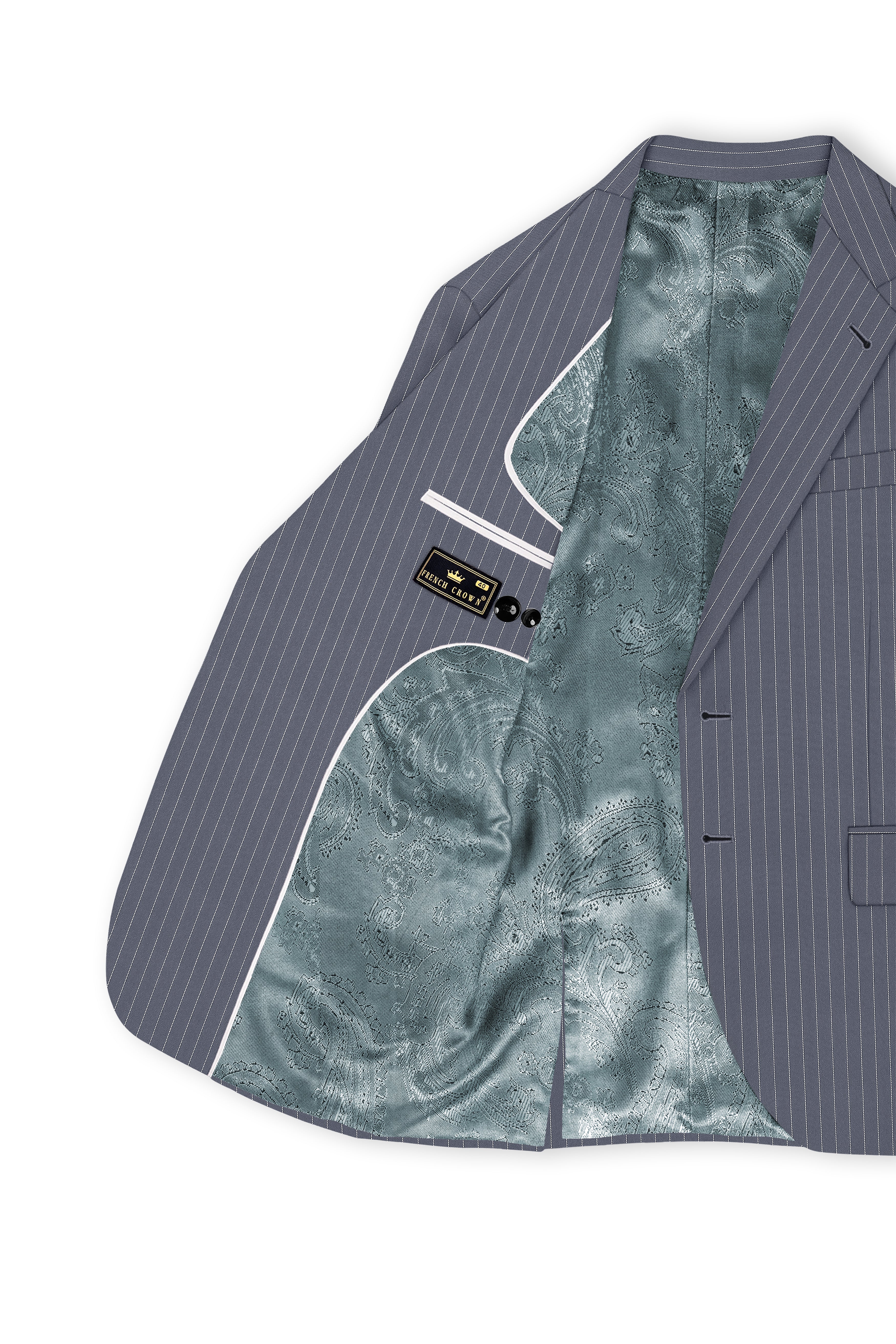 Monarch-Shark Gray And Bright White Chalk Striped Wool Rich Slight Stretch Single Breasted Blazer