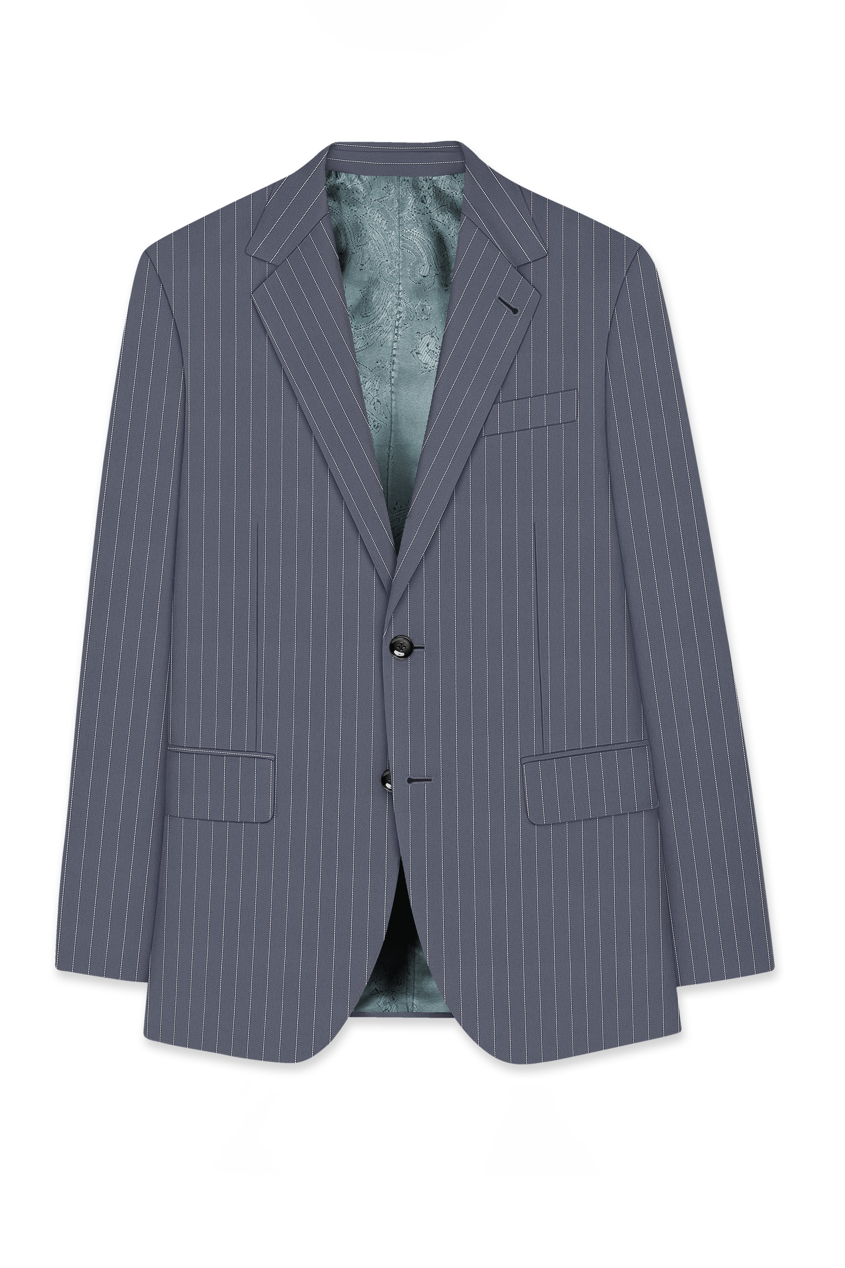 Monarch-Shark Gray And Bright White Chalk Striped Wool Rich Slight Stretch Single Breasted Blazer