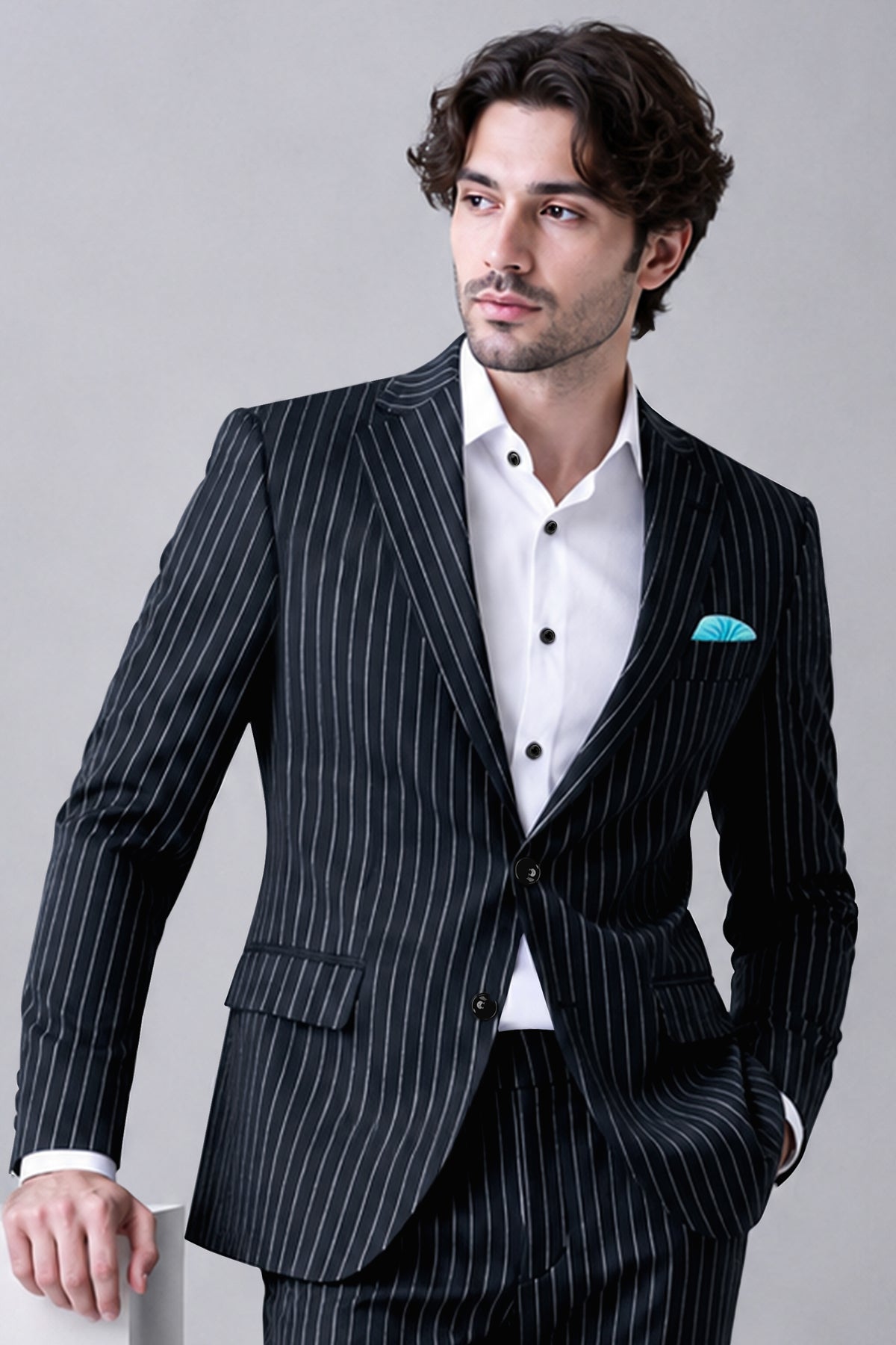 Echelon-Vulcan Blue Herringbone Striped Wool Rich Slight Stretch Single Breasted Blazer